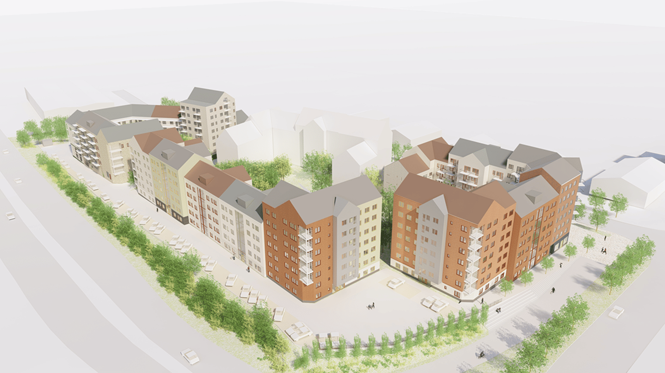 Illustration hyresrätter Fastighetsboken. Av Plan- och Byggnadskonst Flygvy över ett modernt bostadskomplex med flervåningsbyggnader och grönytor.