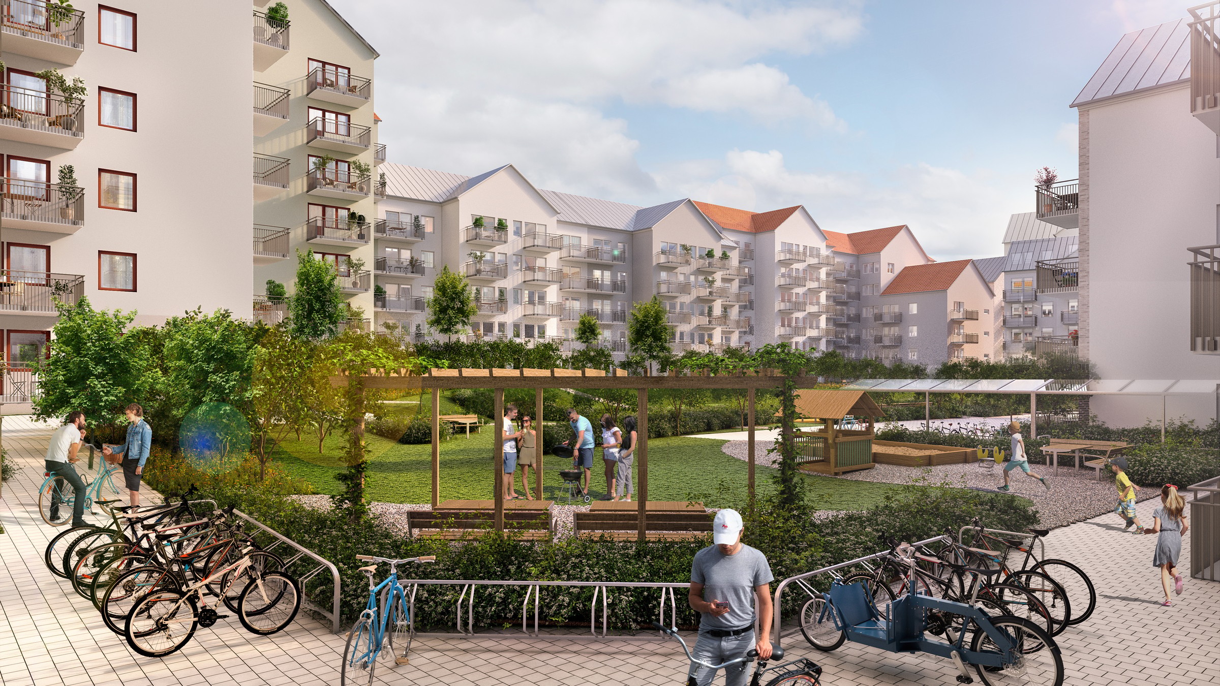 Skanska har lagt fokus på en avskild och trivsam gård. Modernt bostadskomplex med anlagd trädgård, cykelställ och människor som njuter av utomhusaktiviteter.