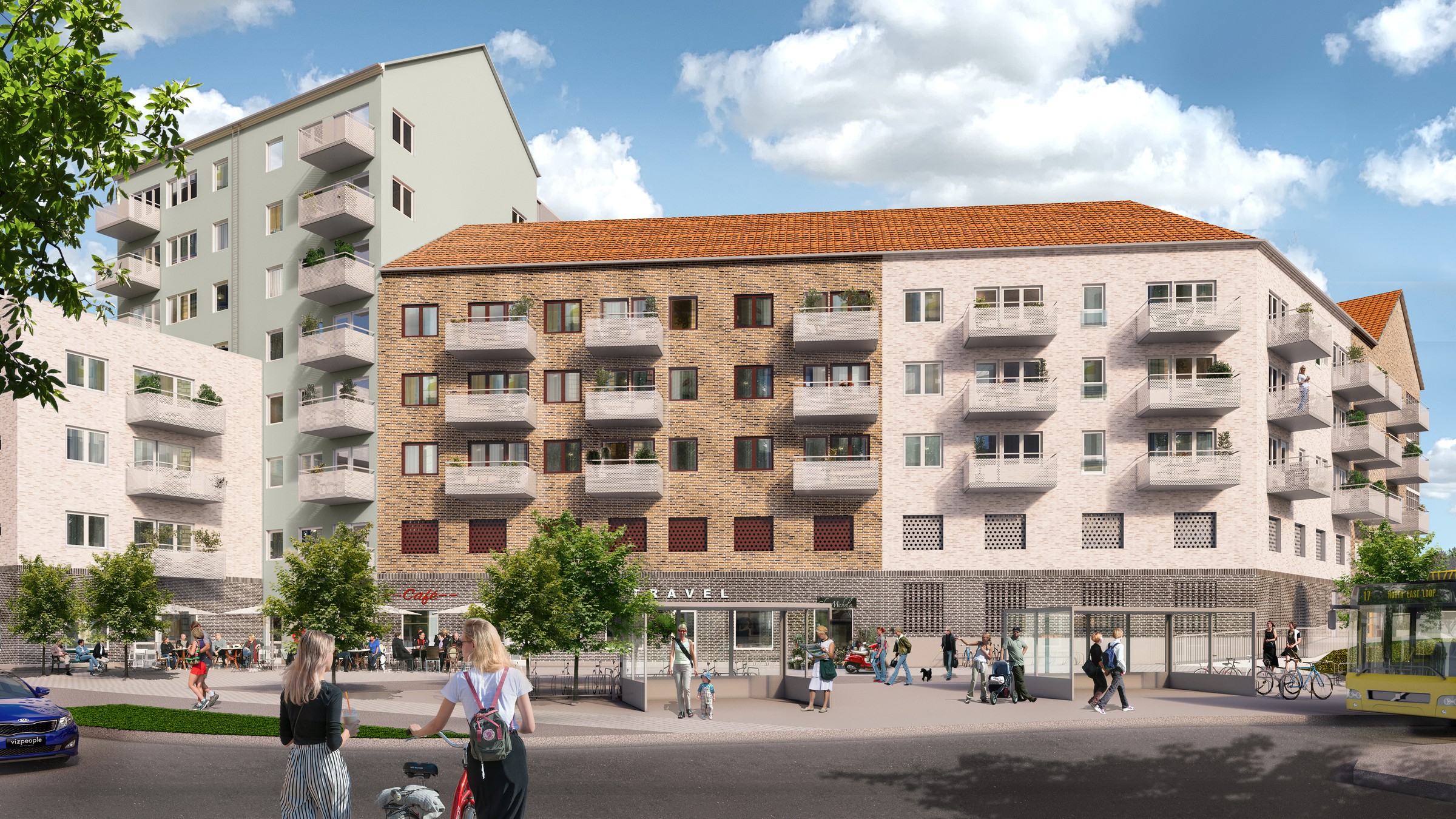 Varierande fasadmaterial och höjder ger Fastighetsboken ett trivsamt och småskaligt utseende. Modernt lägenhetskomplex med balkonger och en livlig gatubild under en klar himmel.