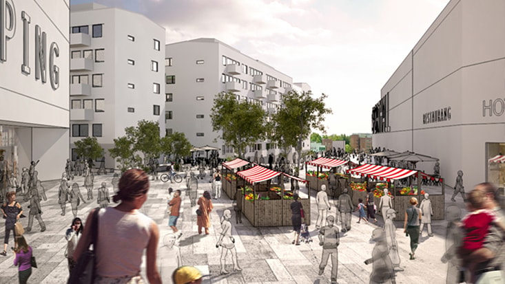 Livfull stadsmiljö med marknadsstånd, fotgängare, moderna byggnader och frodiga träd.