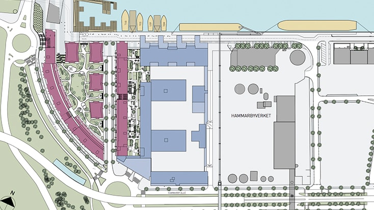Bussdepån ligger mellan Hammarby Allé och kajen. Situationsplan för Hammarbyverket med bostadshus, grönytor och strandnära tillgång.