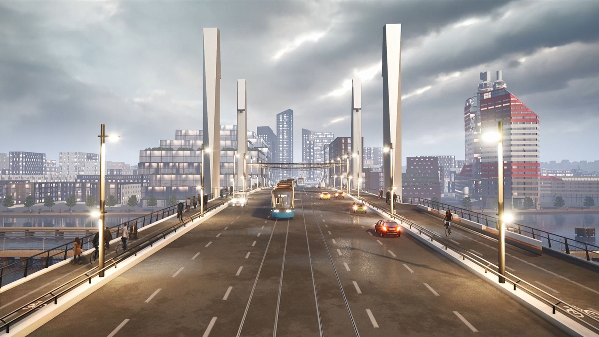 Modern stadsbro-scen med fordon, fotgängare och en stadsbild under en molnig himmel.