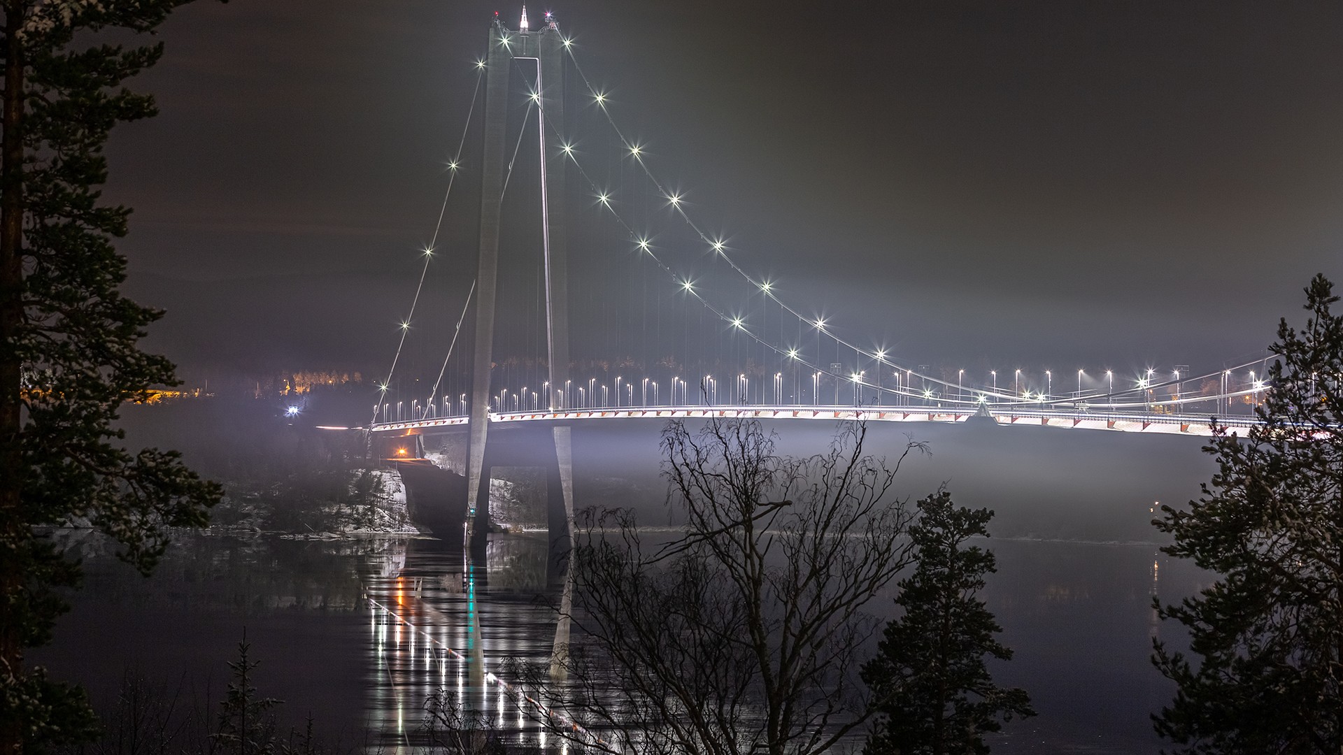 De två huvudkablarna består av 12 000 parallella trådar och spännvidden mellan pylonerna är 1 210 meter. Upplyst hängbro på natten med speglingar på en lugn flod, omgiven av träd.