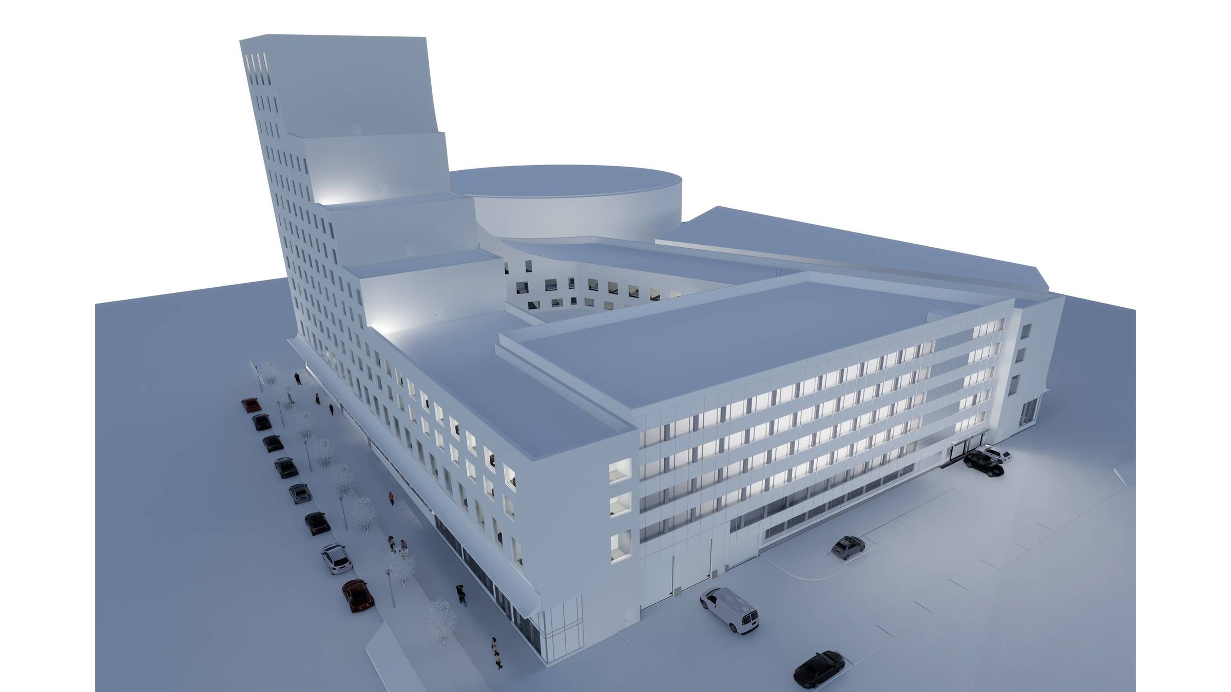 Modern arkitektonisk byggnadsmodell med vinklad design, med ett torn och cirkulär sektion.