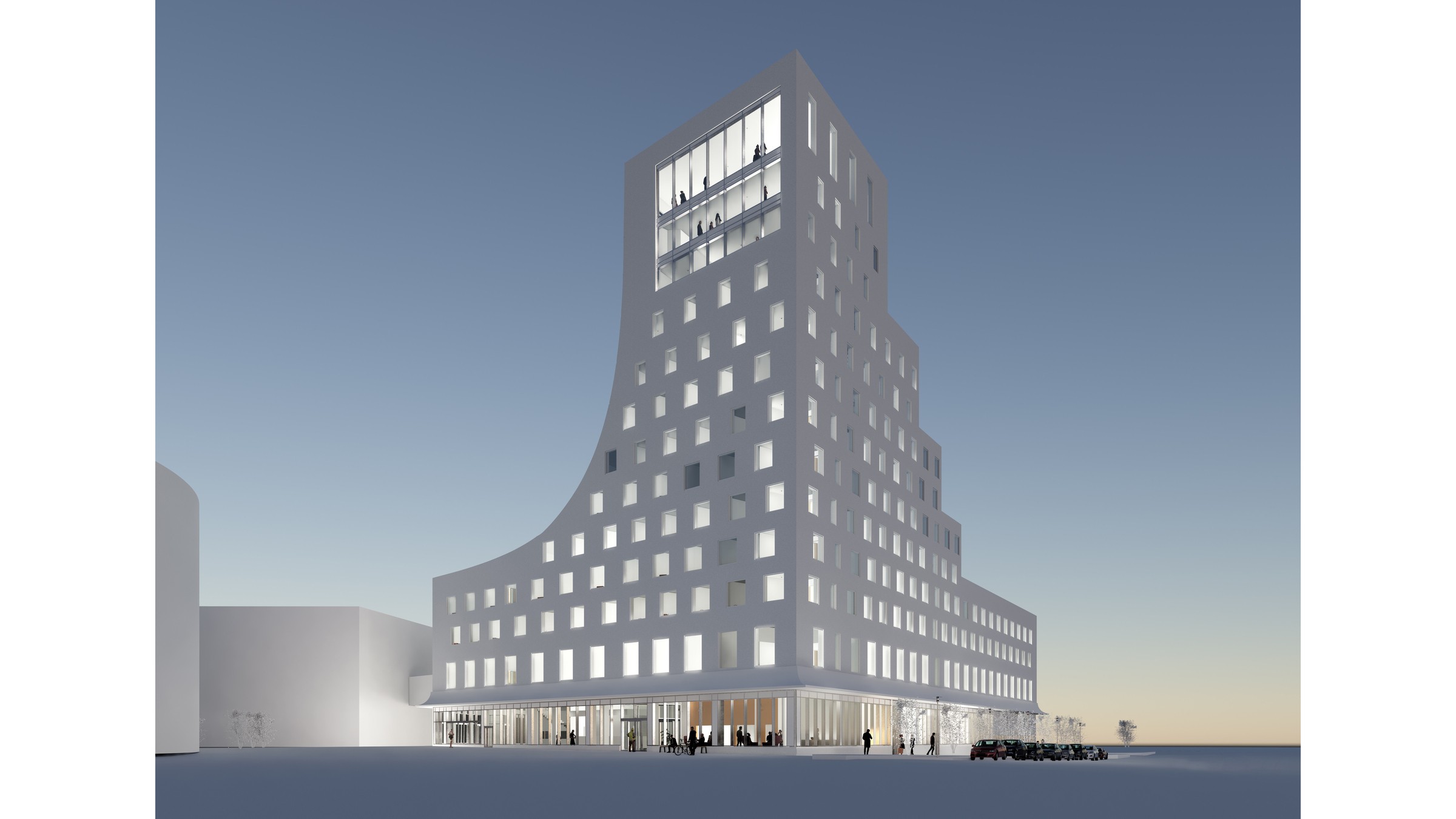 Modern byggnad med kurviga former och många fönster samt en unik arkitektonisk design mot en skymningshimmel.