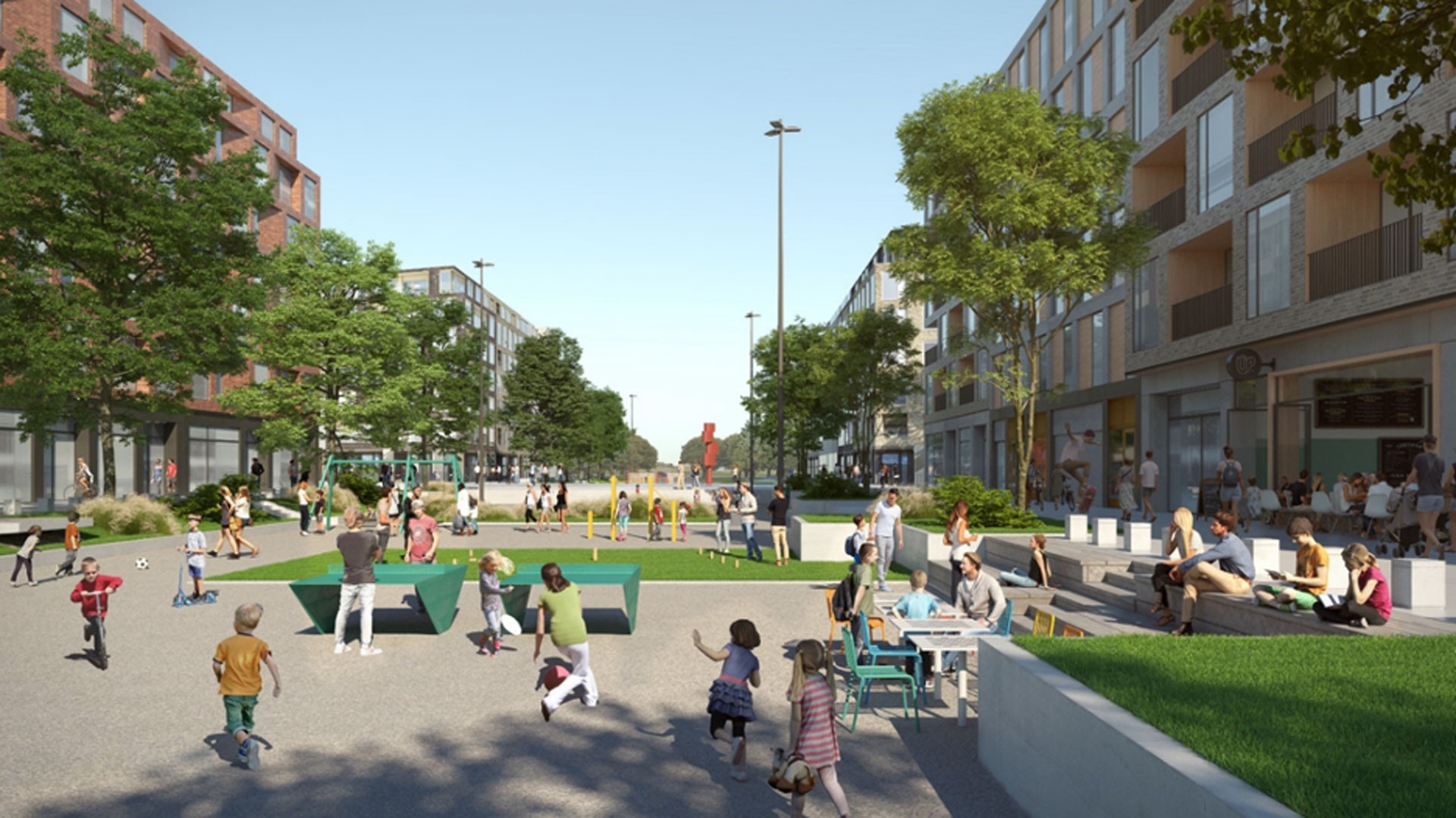 Bränneriparken blir ett centralt grönområde i Inre hamnen. Det blir en inbjudande park med gungor och klätterställningar, ytor för frilek, en basketplan, utegym och möjligheter till uppträdande eller dans. inre hamnen aktivitetspark med folk som leker.