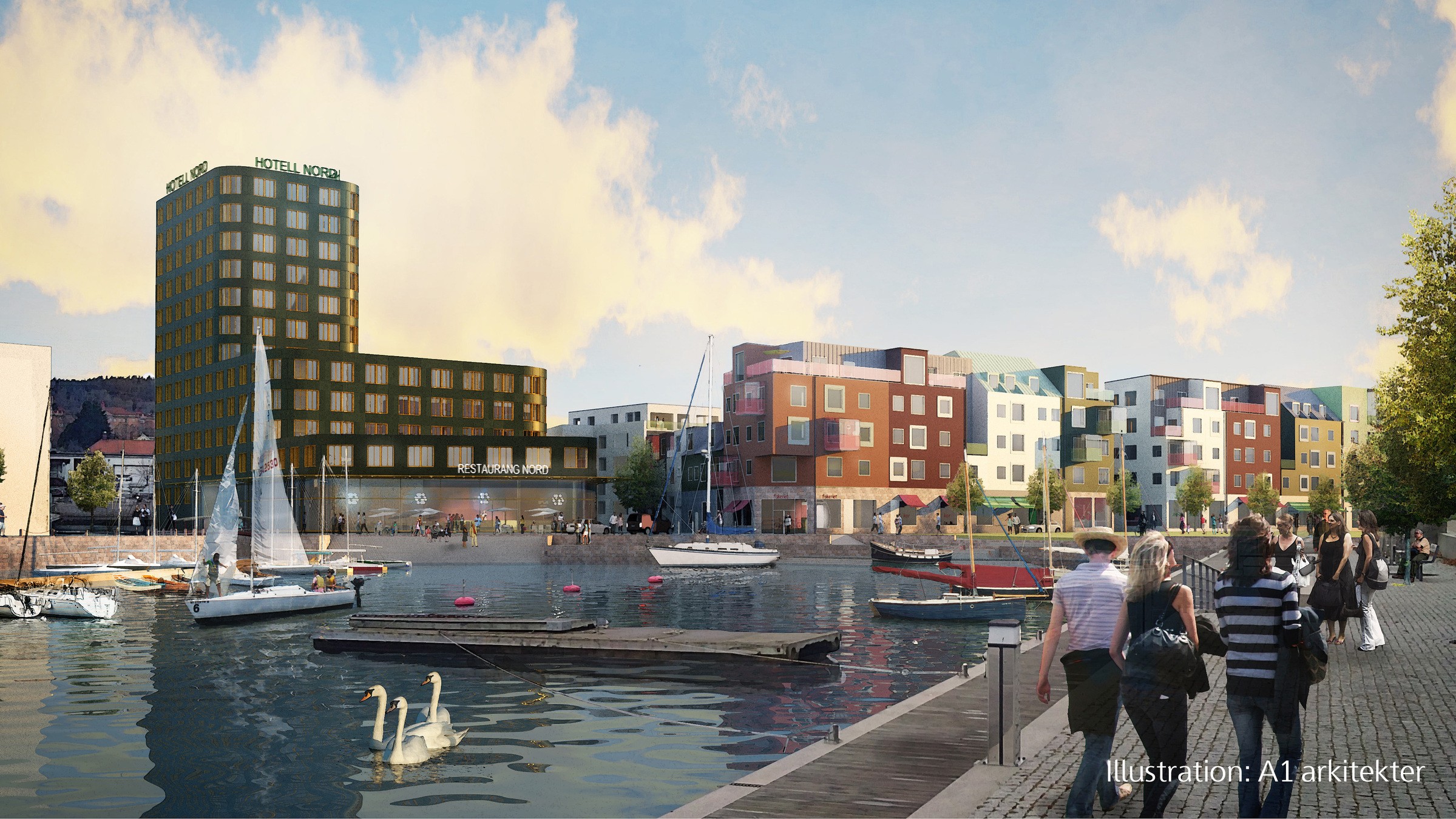 Vattenscen med modern arkitektur, båtar, svanar och människor som promenerar längs en strandpromenad.