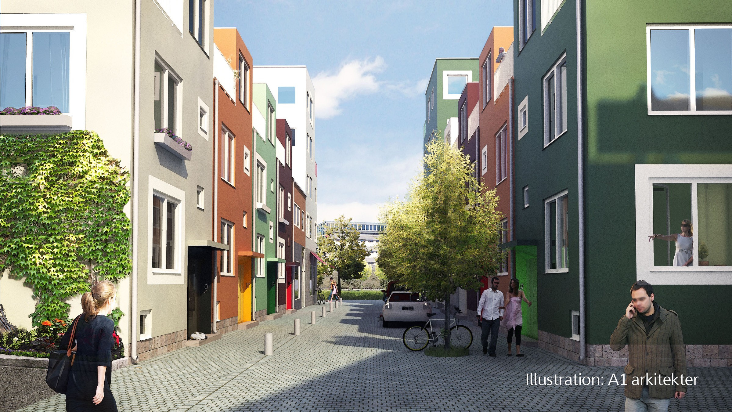 Färgglad modern gata med grönska, cyklister och fotgängare, som visar urban arkitektur.