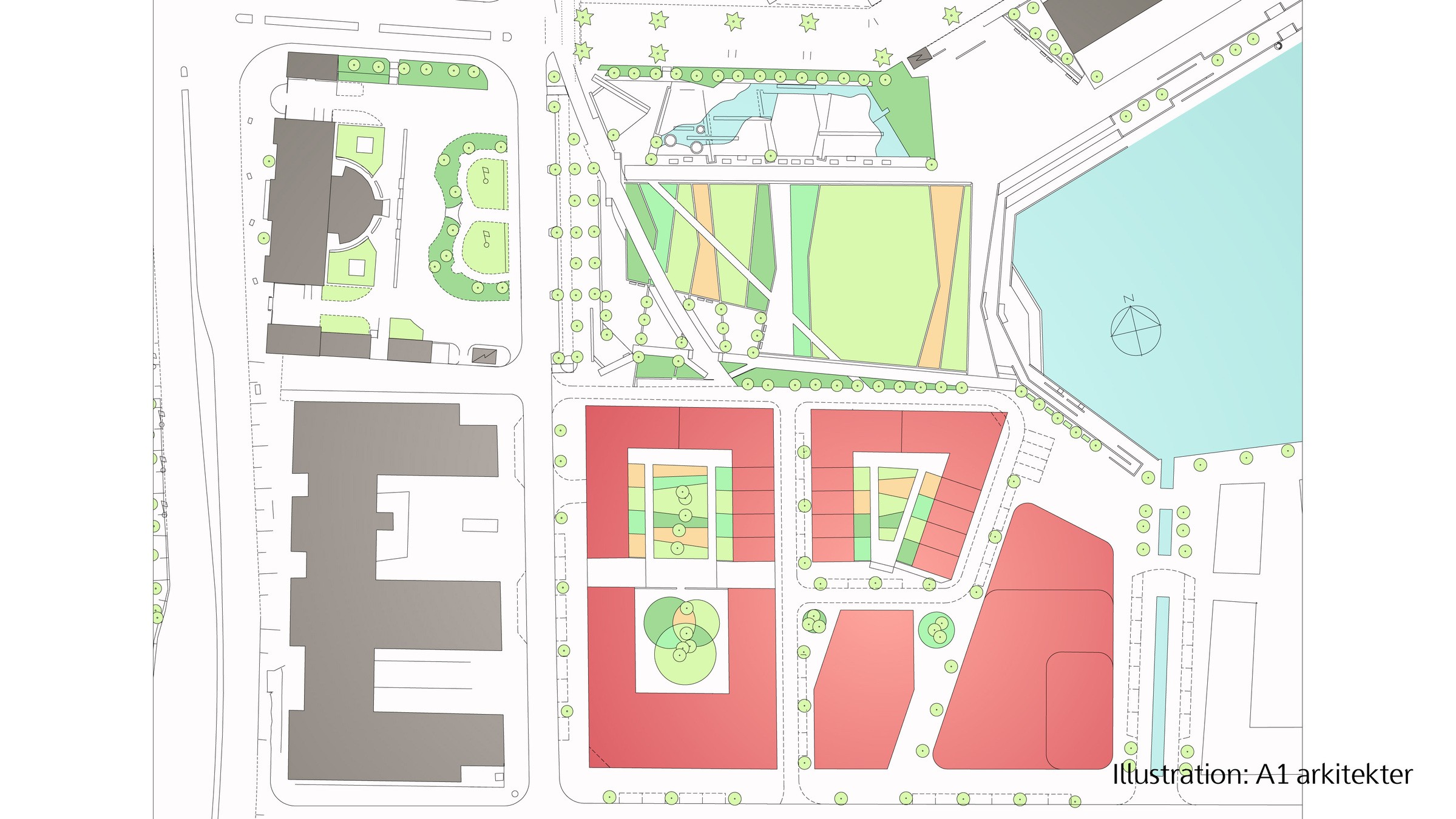Illustration av en modern stadsutvecklingsplan med byggnader, grönområden och vatteninslag.