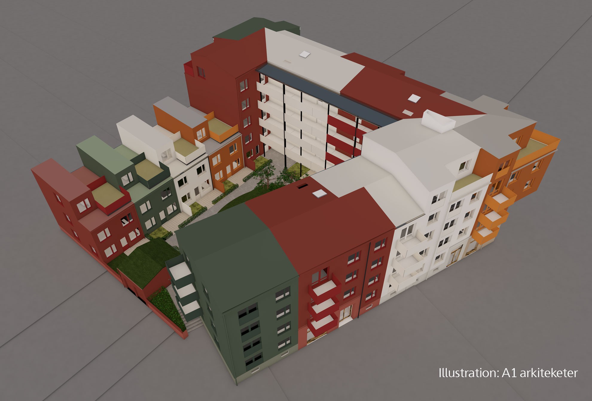 Färgglatt flerbostadshuskomplex med innergård, designat av A1 Arkitekter.