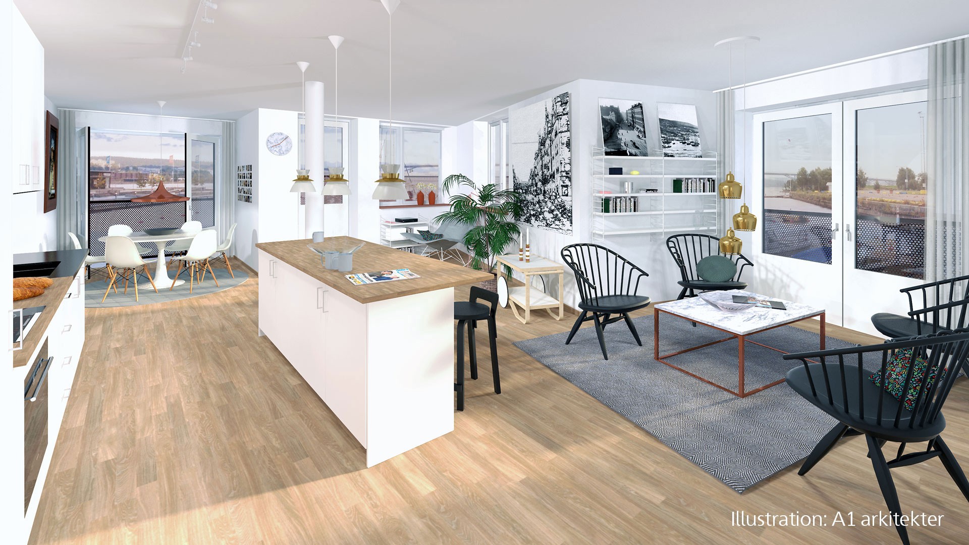 Modern öppen planlösning med köksö, stilfulla möbler och stora fönster för naturligt ljus.