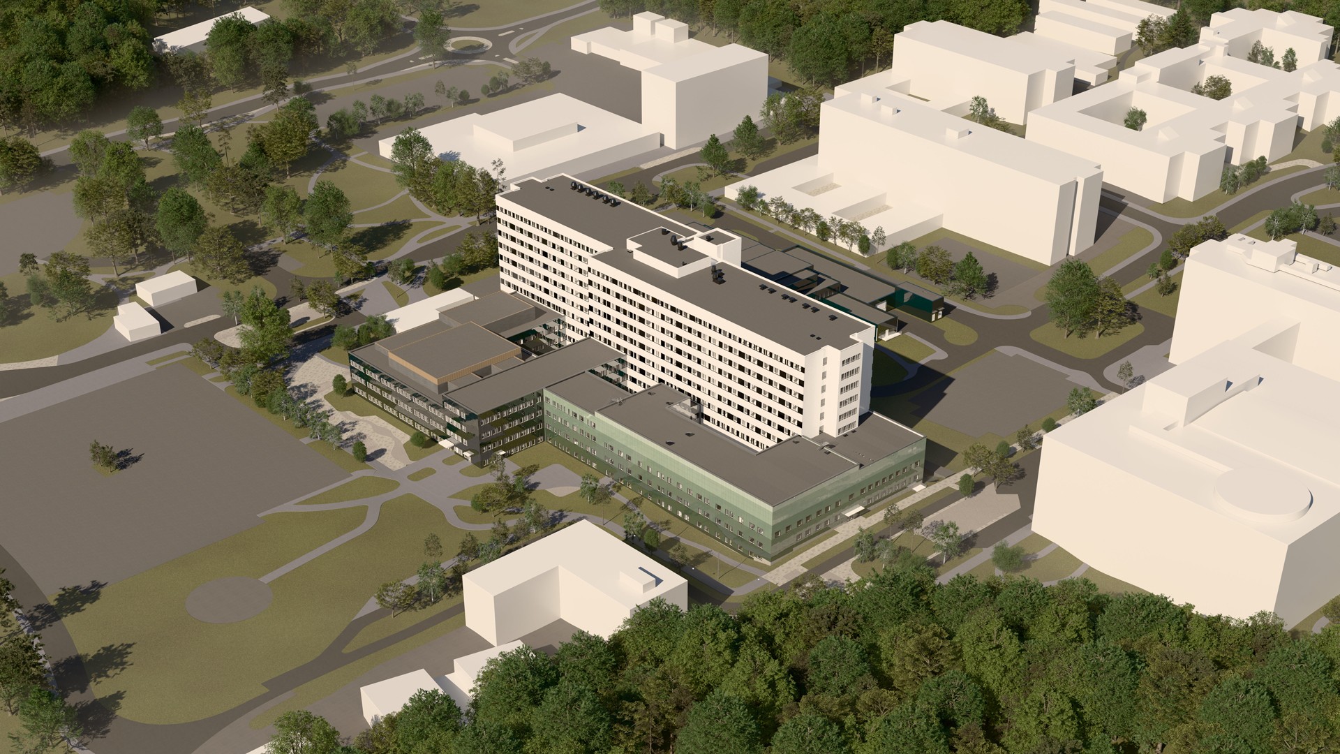 Visualisering i fågelperspektiv av Östra sjukhuset i Göteborg med ny tillbyggnad för intensivvård, hyperbar syrgasbehandling och mottagningar.