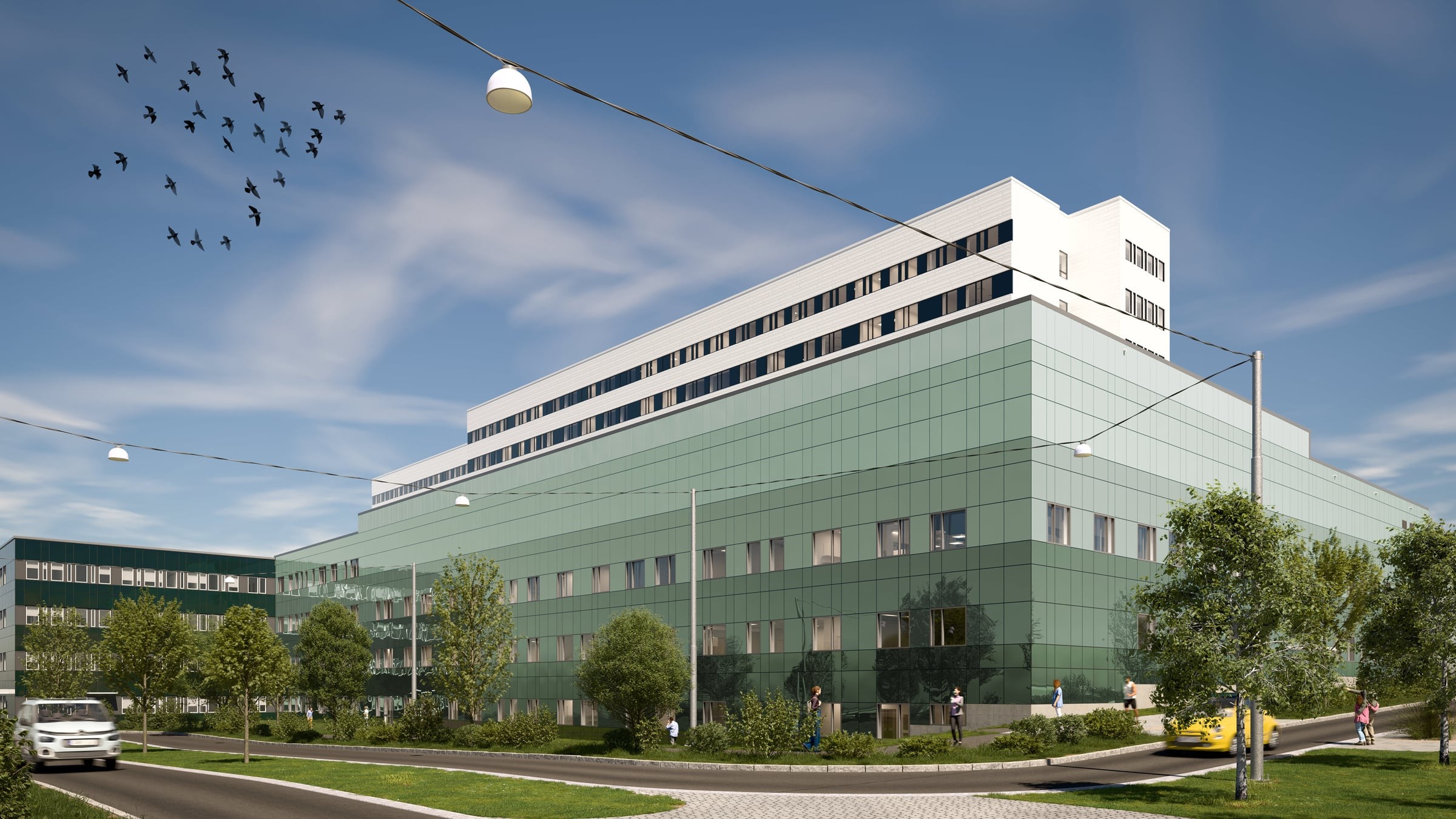 Exteriör visualisering av moderniserade Östra sjukhuset i Göteborg med grön fasad och ny tillbyggnad för intensivvård och hyperbar syrgasbehandling.