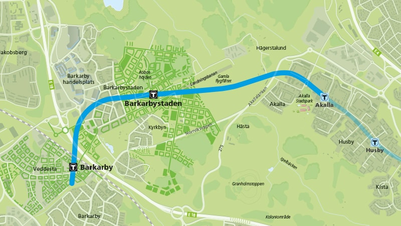 Den blåa tunnelbanelinjen förlängs från Akalla till Barkarby. Den blåa tunnelbanelinjen förlängs från Akalla till Barkarby.