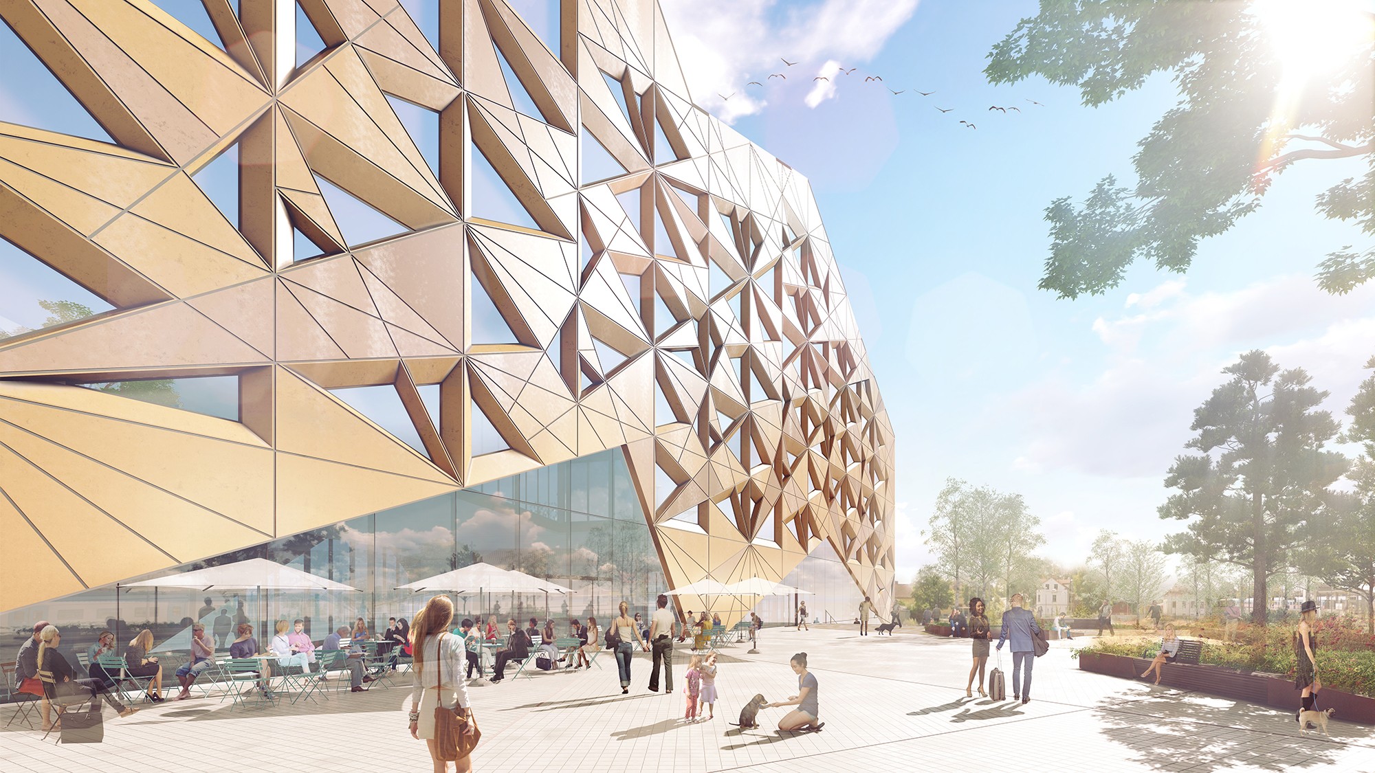 Modern byggnad med geometrisk fasad, uteservering och människor som njuter av ett soligt torg.