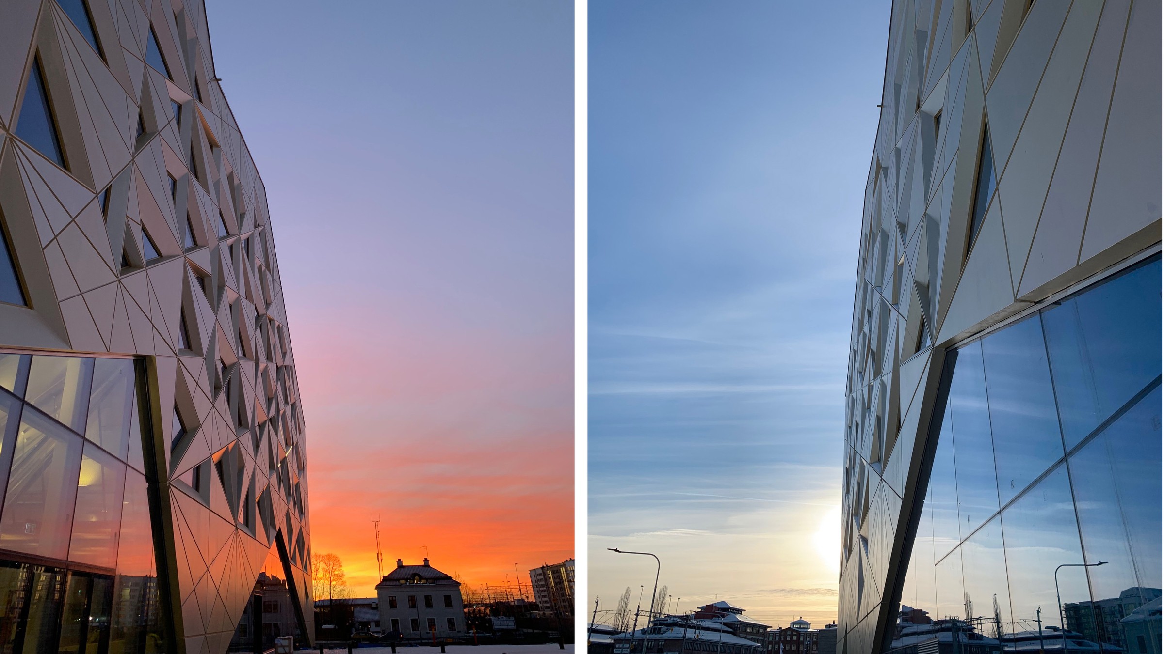 Modern byggnad med geometrisk fasad som reflekterar livlig solnedgång och mjuk blå himmel.