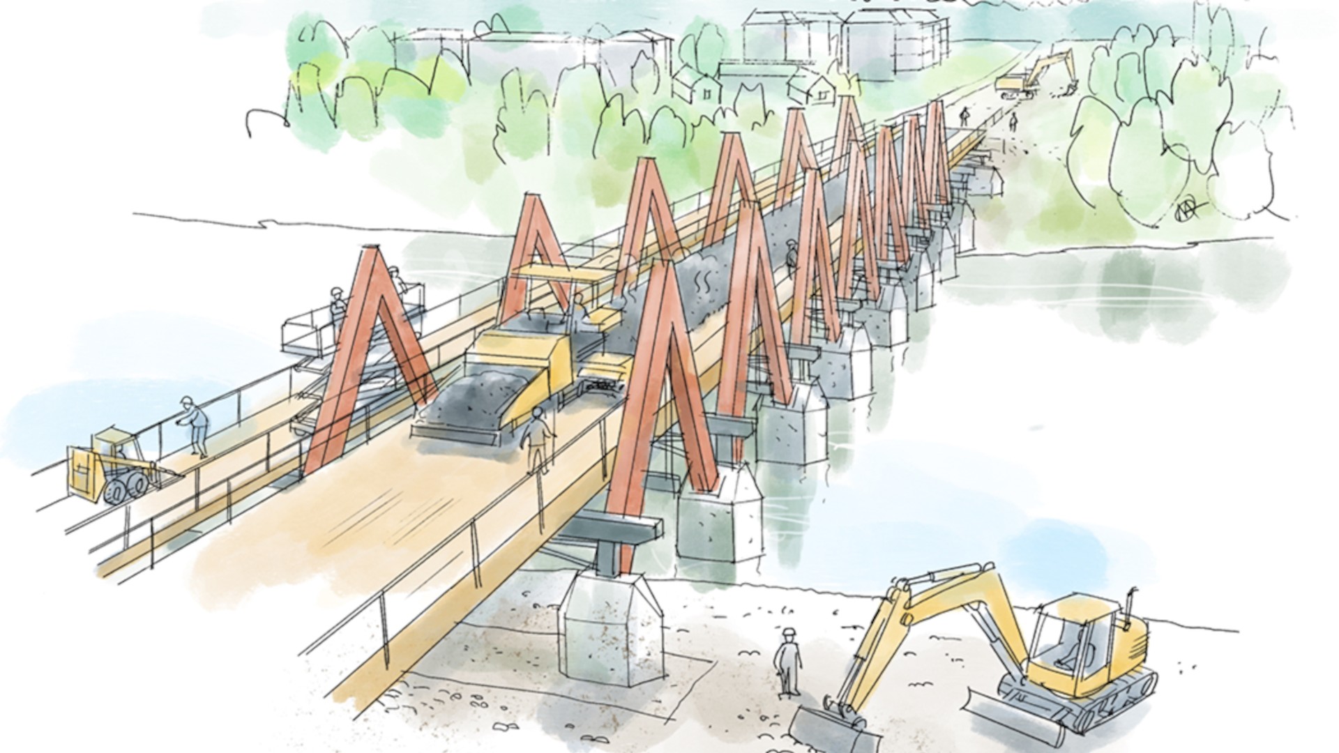 Illustration av slutskedet i byggnationen av Karlgårdsbron med asfaltering, gångbanor och maskiner på bron.