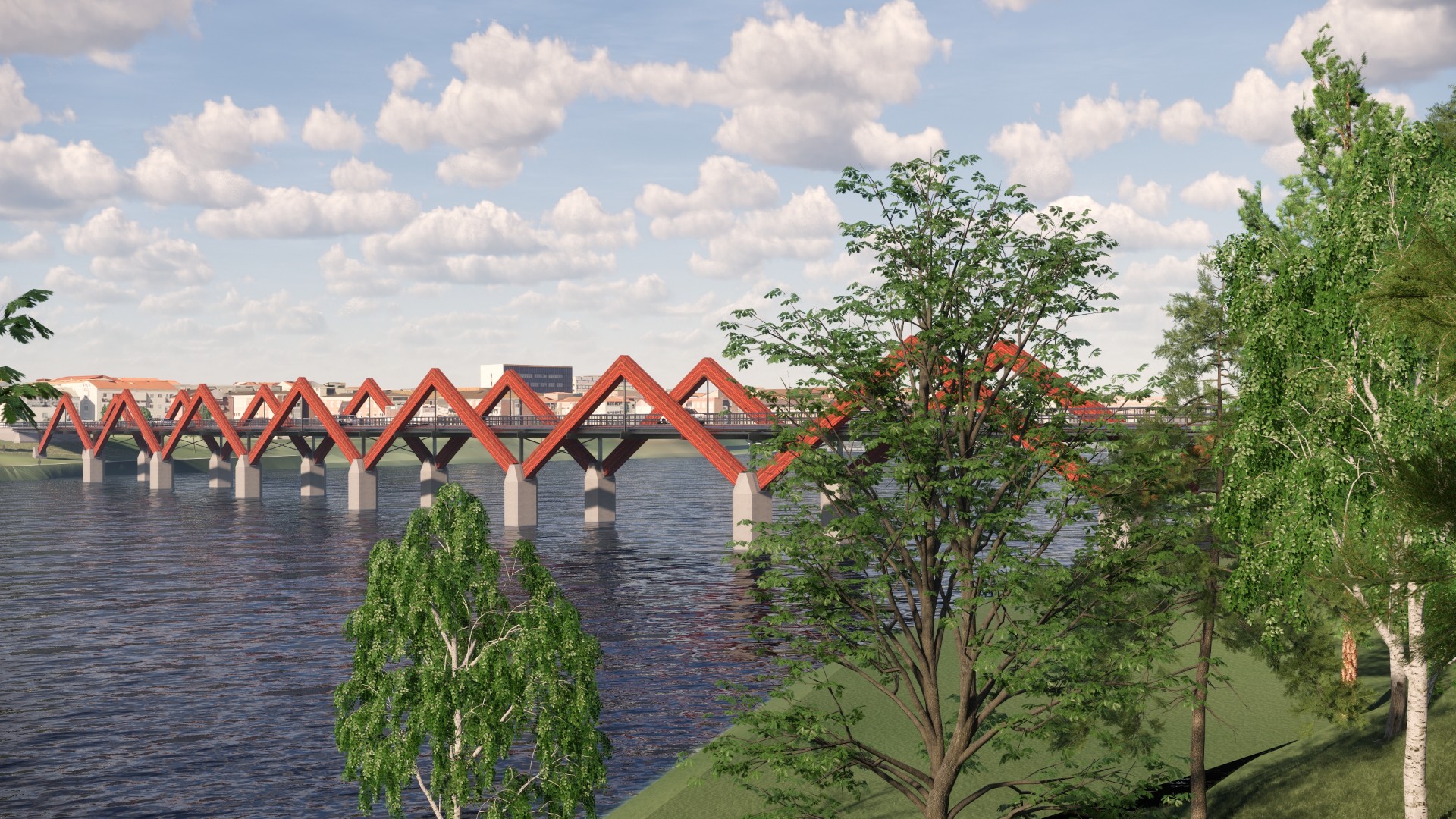Karlgårdsbron är inspirerad av Lejonströmsbrons karakteristiska röda zickzack-mönster. Illustration av Karlgårdsbron i Skellefteå, en träbro med rött zickzack-mönster över Skellefteälven, omgiven av grönska och stad i bakgrunden.
