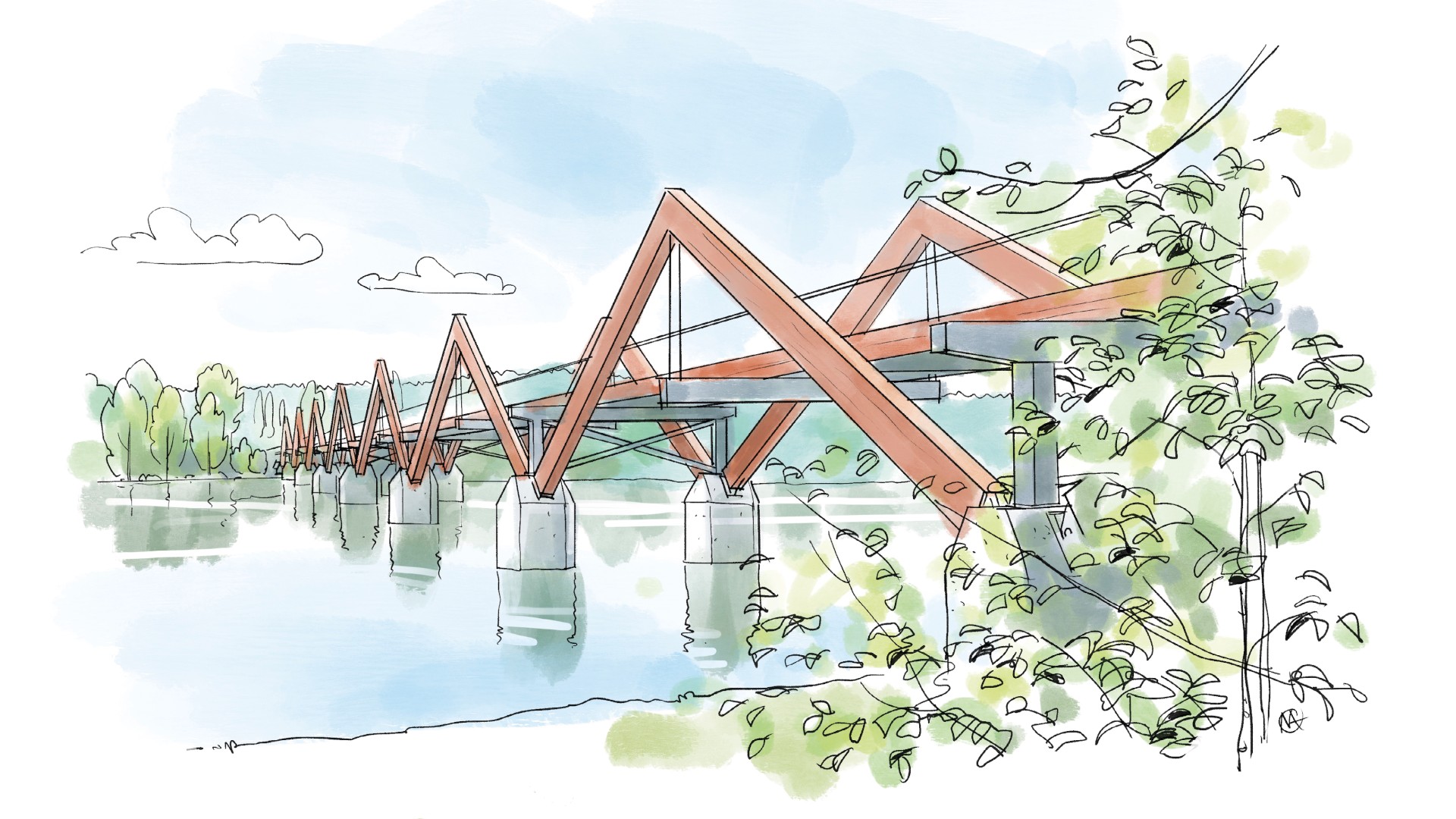 Illustration av Karlgårdsbron i Skellefteå, en träbro med röd hängverkskonstruktion över Skellefteälven, omgiven av grönska.