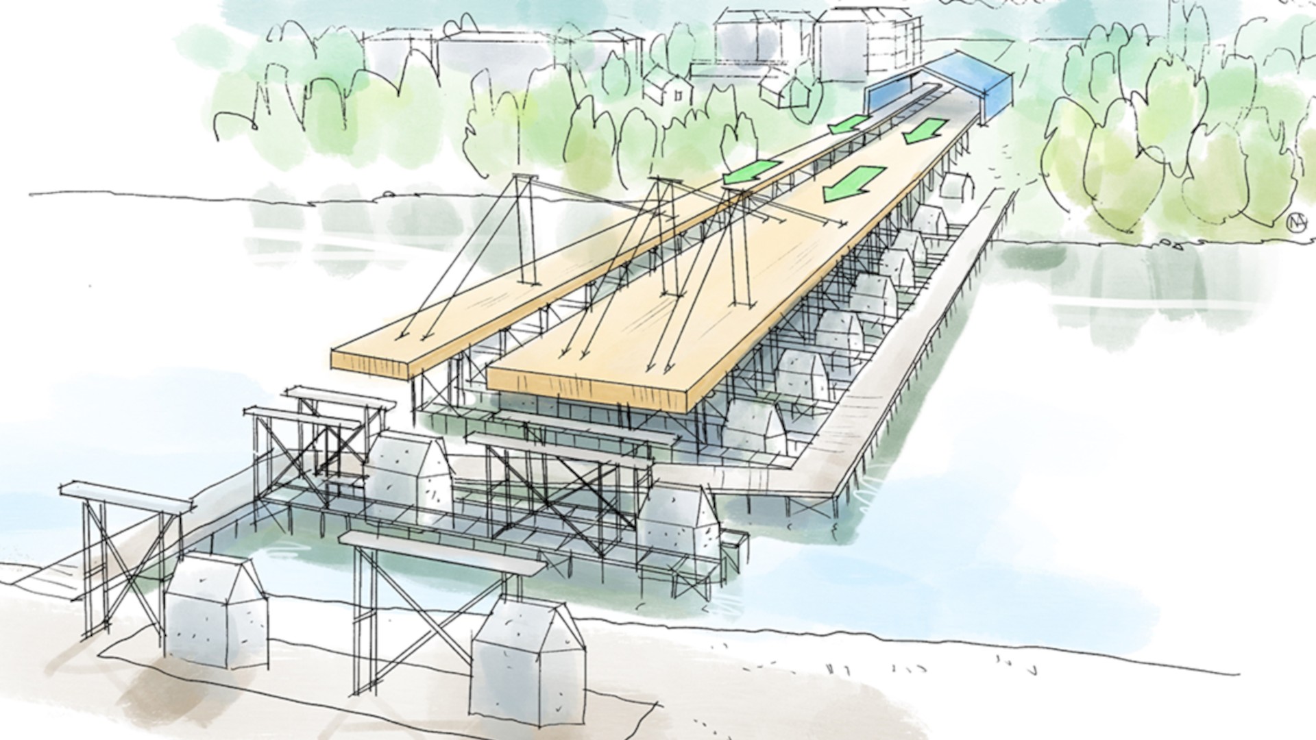 Illustration som visar Karlgårdsbrons monteringsprocess med väderskydd, brostöd och sektioner som successivt skjuts ut över älven.