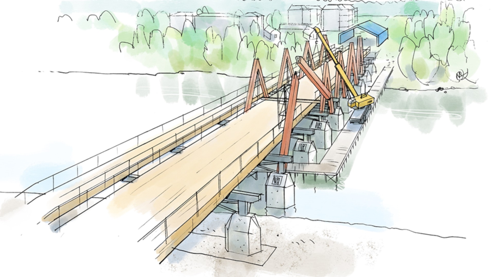 Illustration av Karlgårdsbron under byggnation, där limträbalkar och röda hängverk monteras över betongstöd i älven.