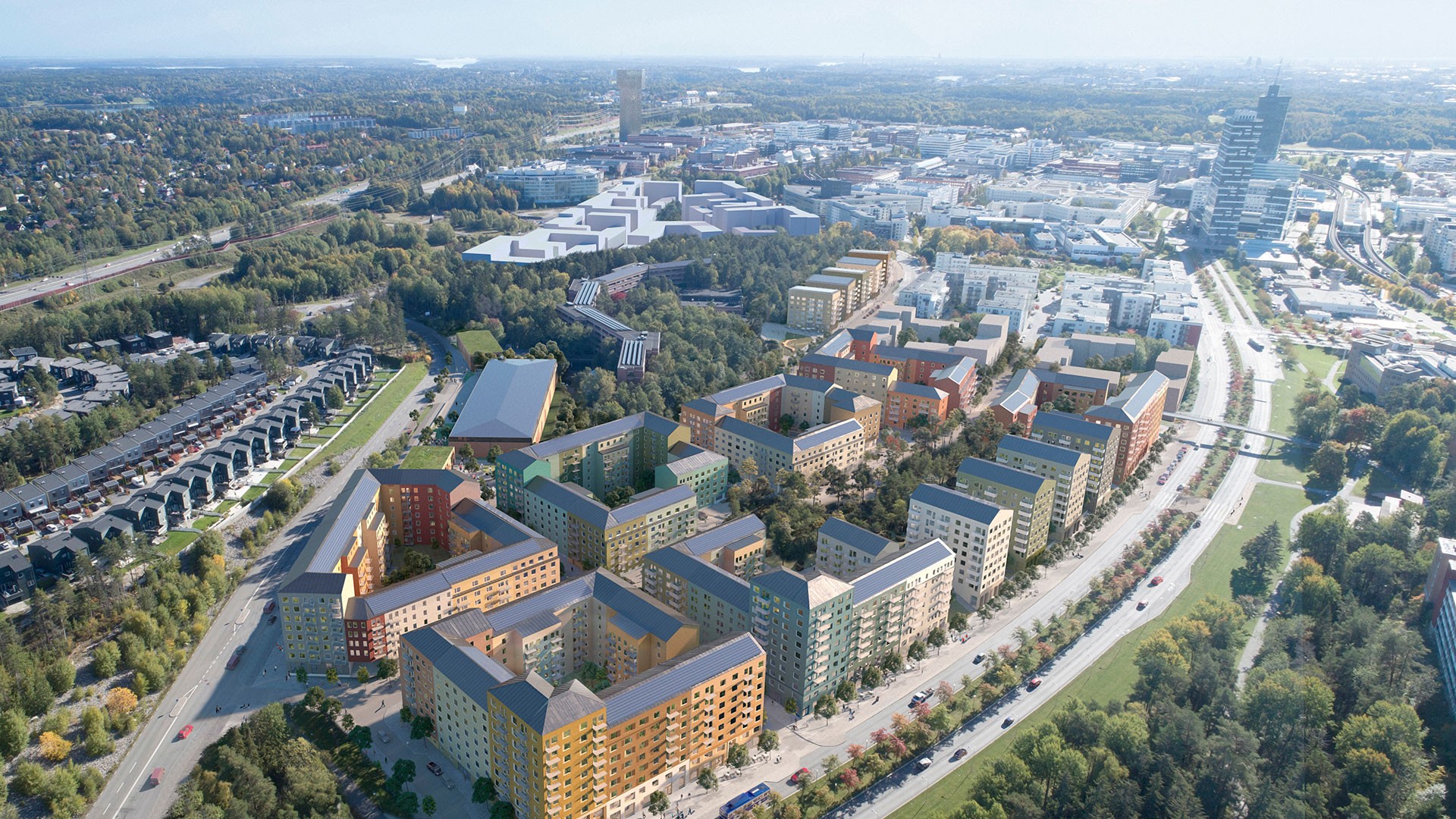 Skanska utvecklar Kista Parkstad tillsammans med fond- och fastighetsbolaget Areim. Drönarvy över ett antal byggnader.