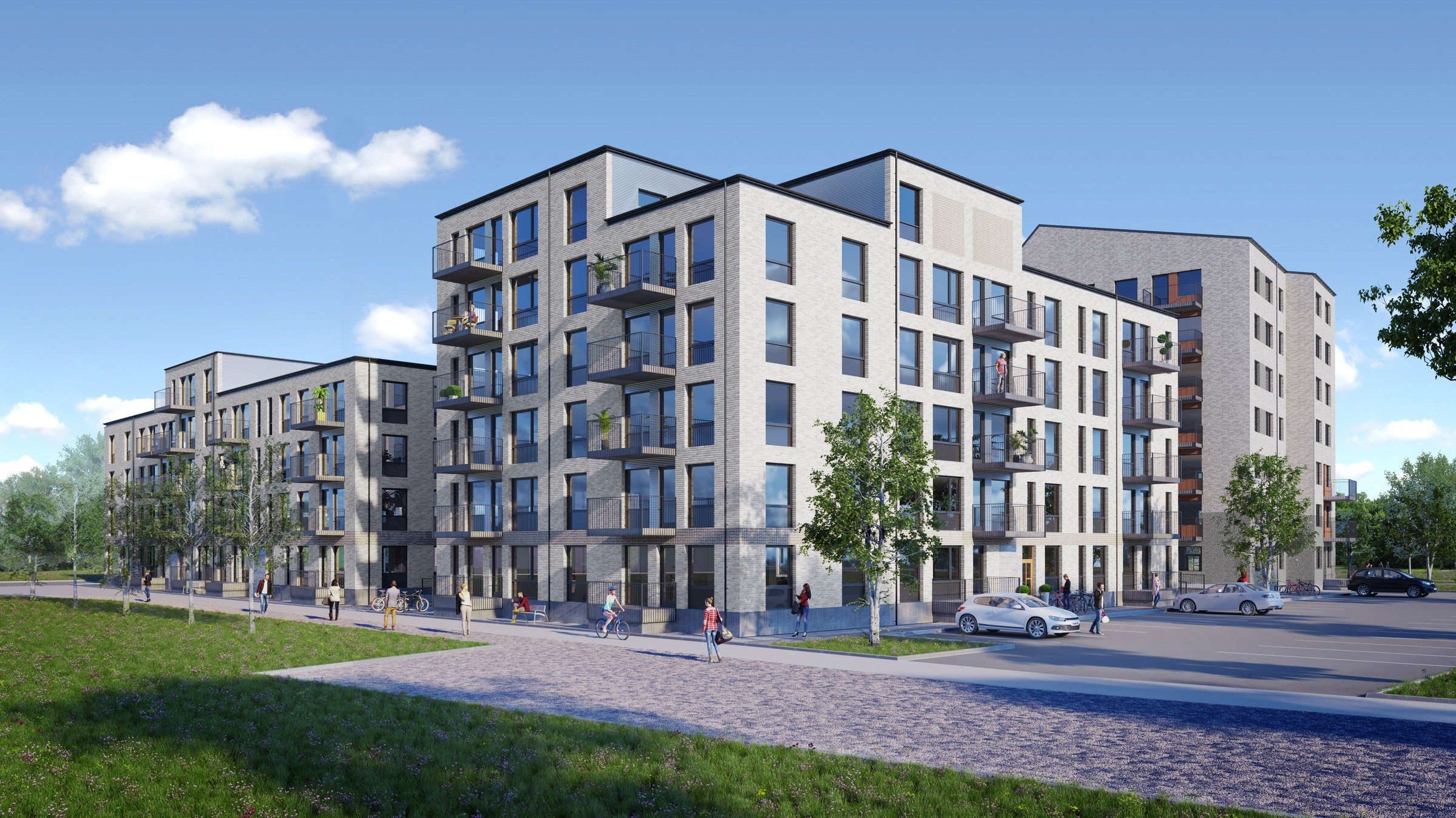 Moderna flerbostadshus med balkonger, omgivna av träd och människor som promenerar.