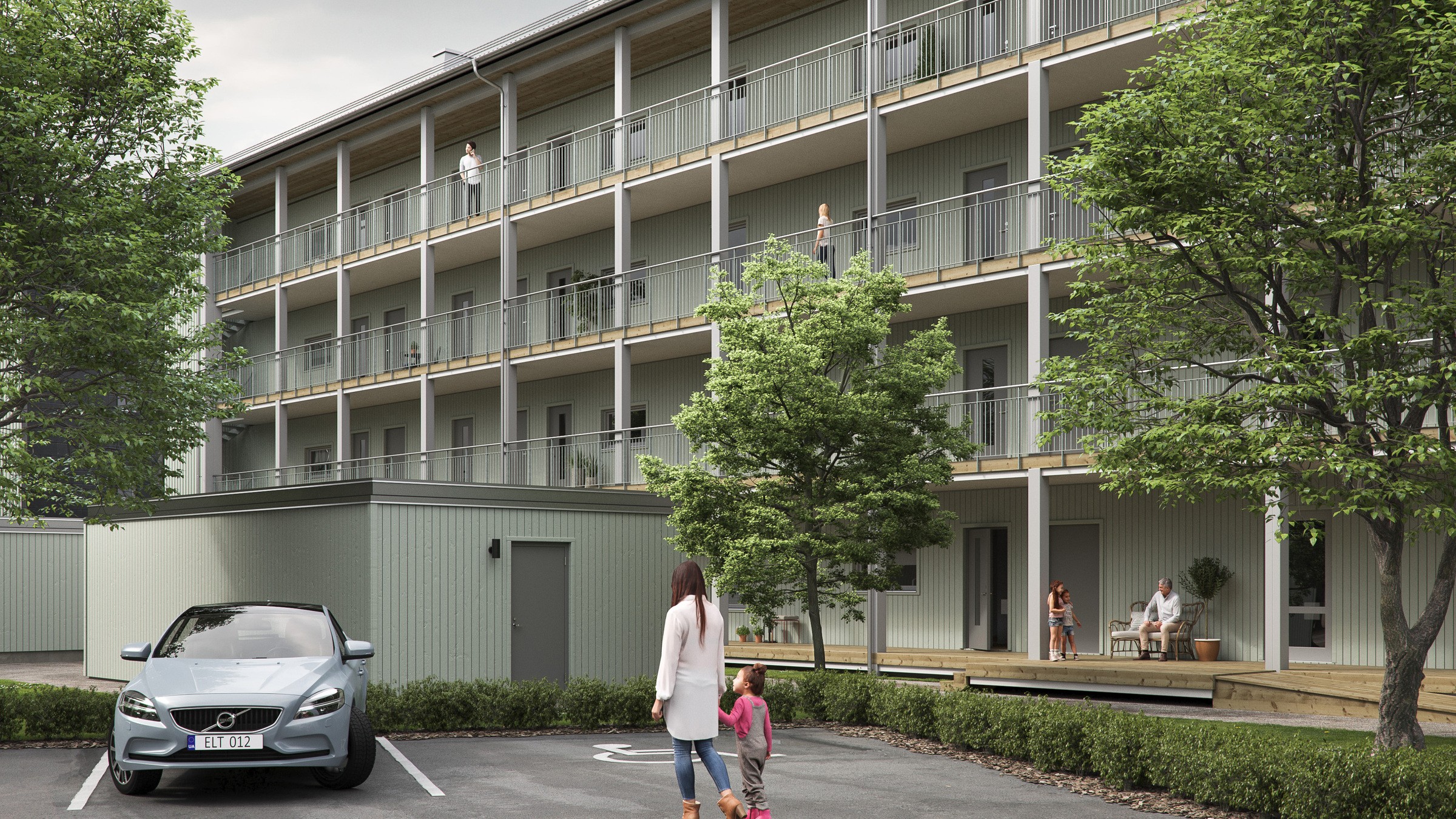 Modern lägenhetsbyggnad med balkonger, parkeringsplats och boende som promenerar utomhus.
