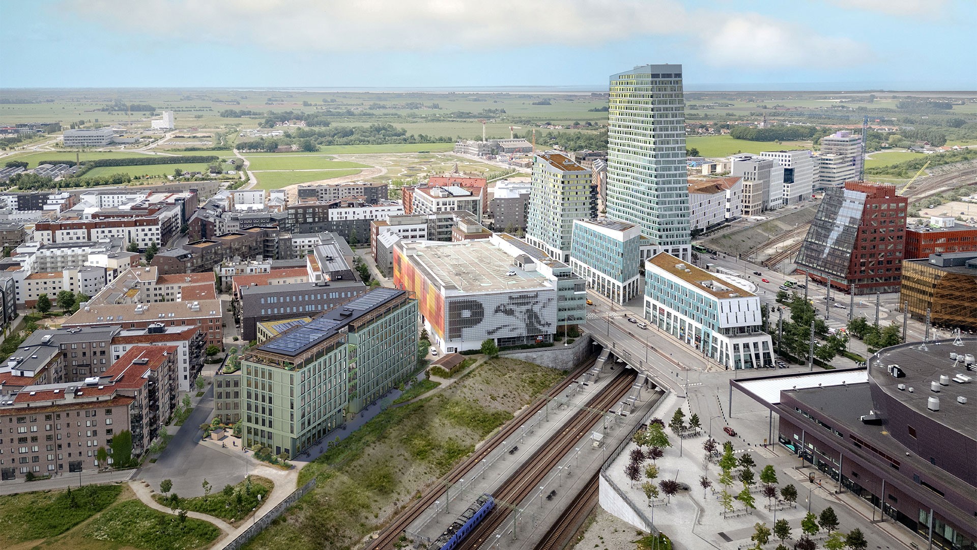 Kontorshuset får åtta våningsplan med cirka 11 500 kvadratmeter uthyrningsbar yta med ett café i bottenplan. Regndroppen i Hyllie, drönarvy.