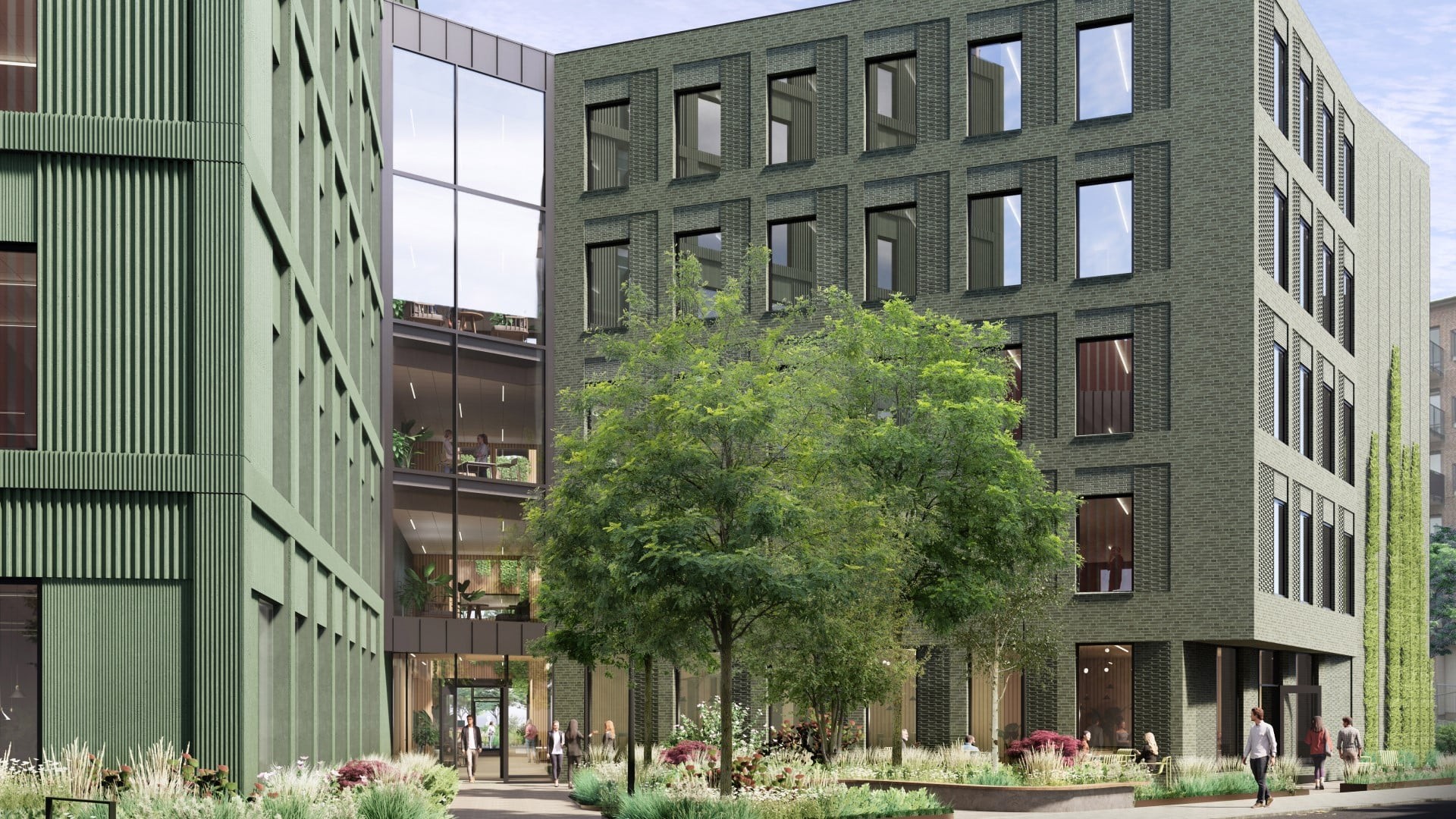 Regndroppen i Hyllie, fasaden från gatan. Skanska utvecklar kontorsprojektet Kv. Regndroppen i Hyllie, Malmö.