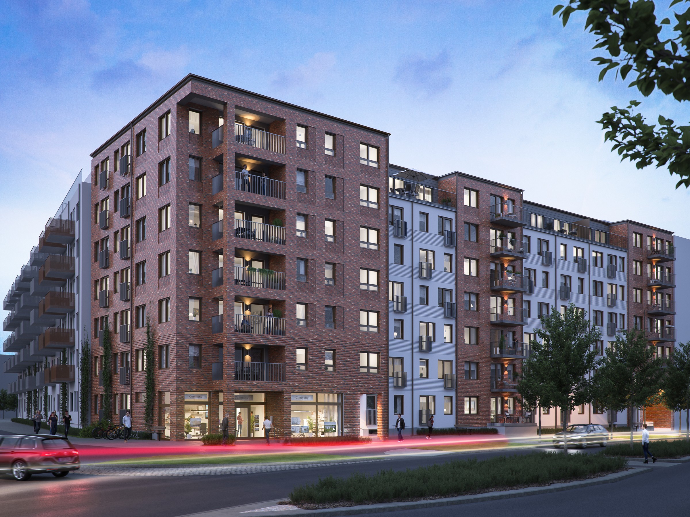 Hyresrätterna i Sjösättningen, bild av Arkitektlaget i Skåne och MK 3Design Studios Modern lägenhetsbyggnad med tegelfasad och balkonger, belägen längs en livlig gata vid skymning.