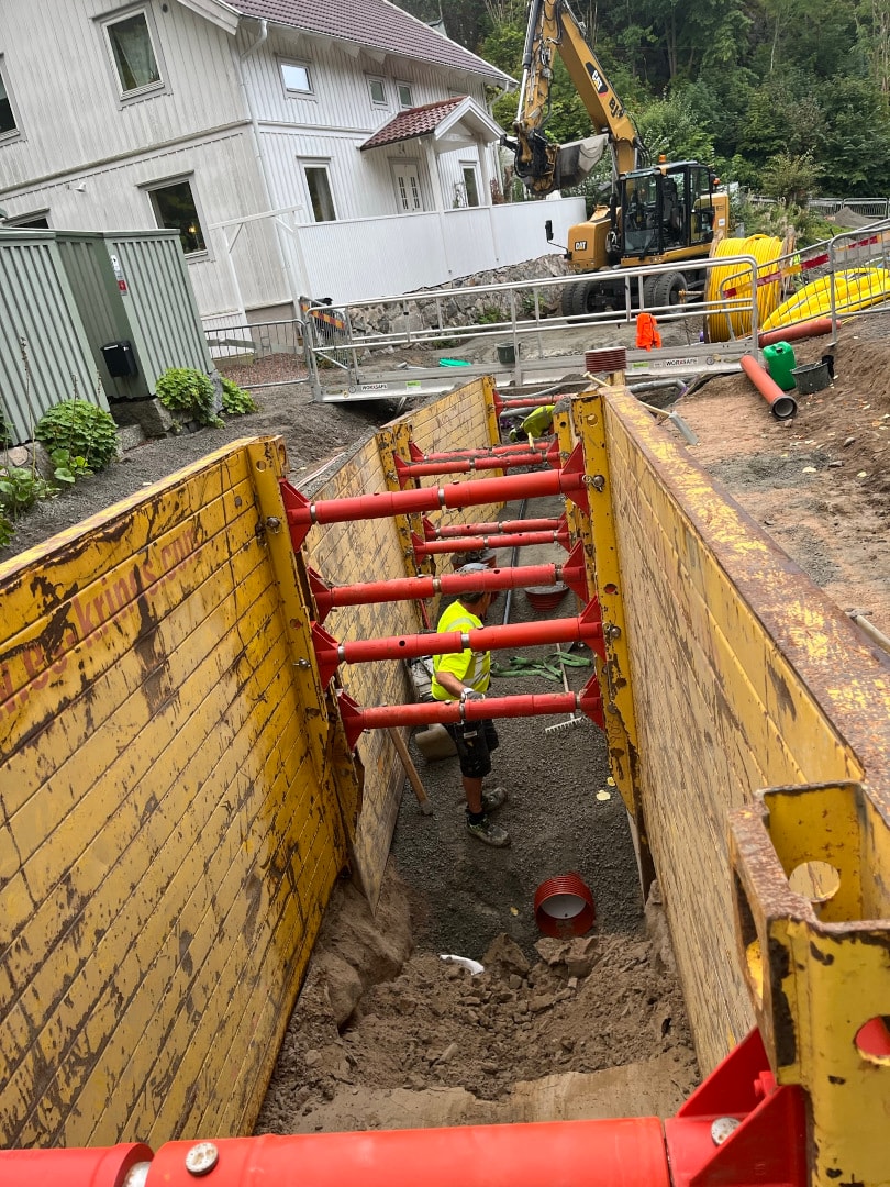 Att arbeta i djupa schakt på smala gator i bostadsområden ställer höga krav på säkerheten. Ett schakt i vägen med ledningsomläggning.