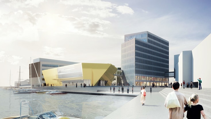 Modern vattennära arkitektur med en djärv gul byggnad och en elegant höghus nära en marina.