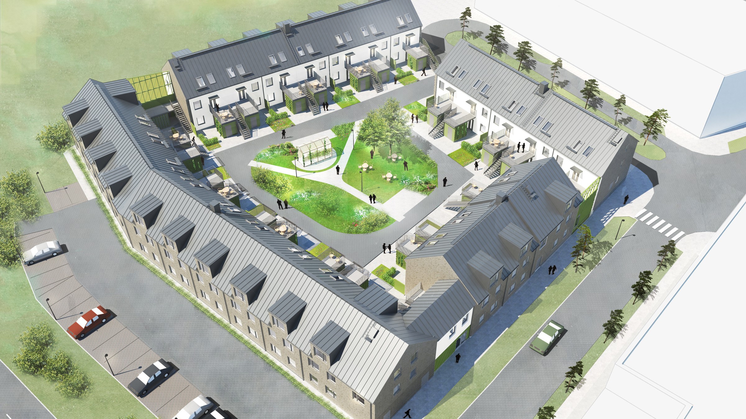 Flygvy över ett modernt bostadskomplex med grönytor och parkeringsområden.