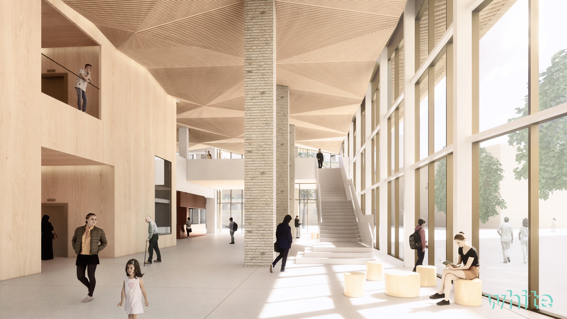 Modern arkitektonisk interiör med träinslag, stora fönster och människor som interagerar i utrymmet.