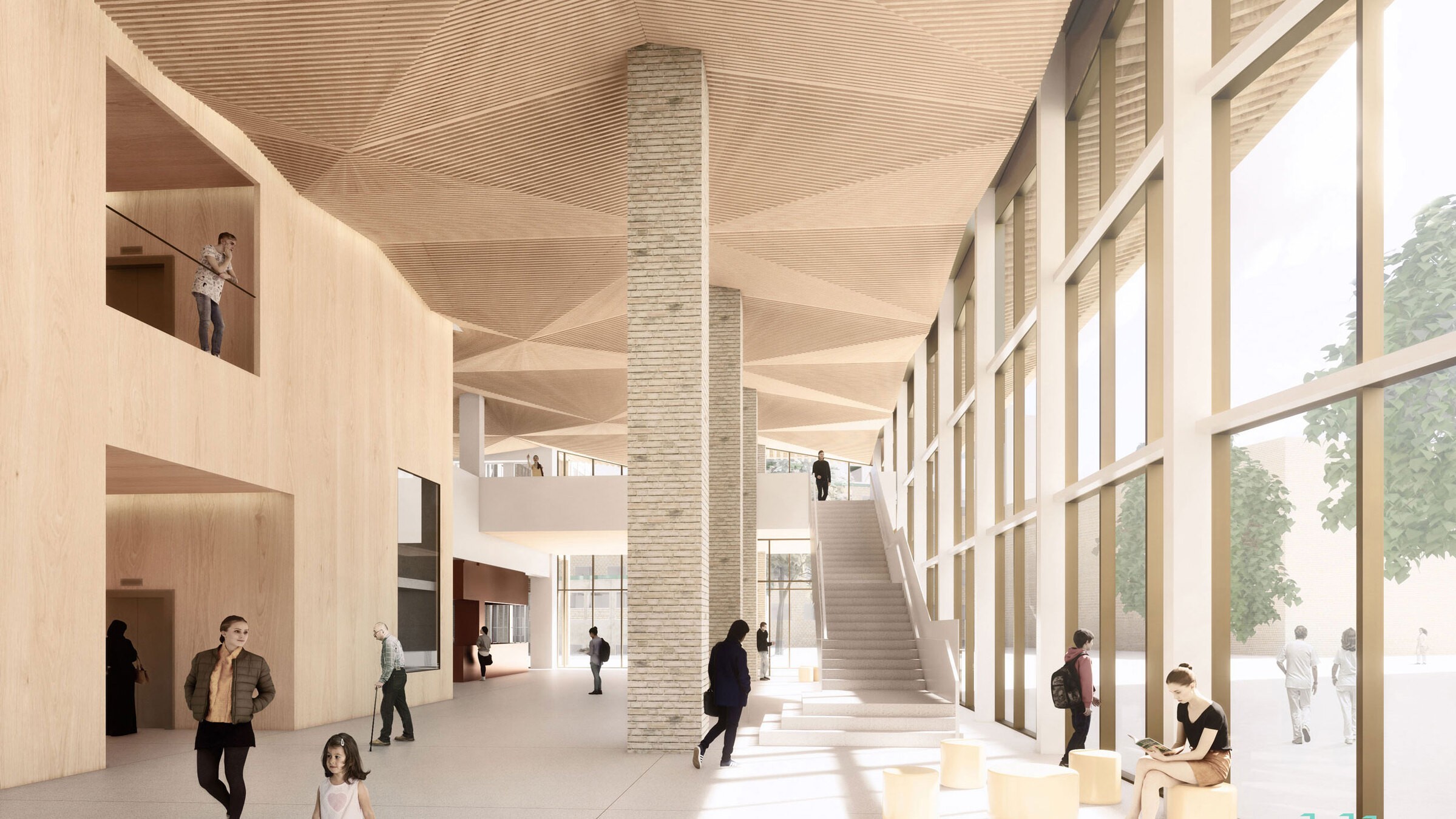 Modernt atrium med stora fönster, trätak, tegelpelare och människor som interagerar inuti.