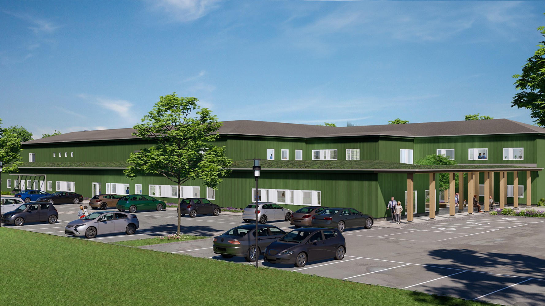 De nya vårdlokalerna får en total yta på cirka 3 500 kvadratmeter. Illustration: Studio Ekberg Flygperspektiv av Vårdlokaler Kalkstenen i Kalmar, byggstart 2025 och färdigställande 2027.