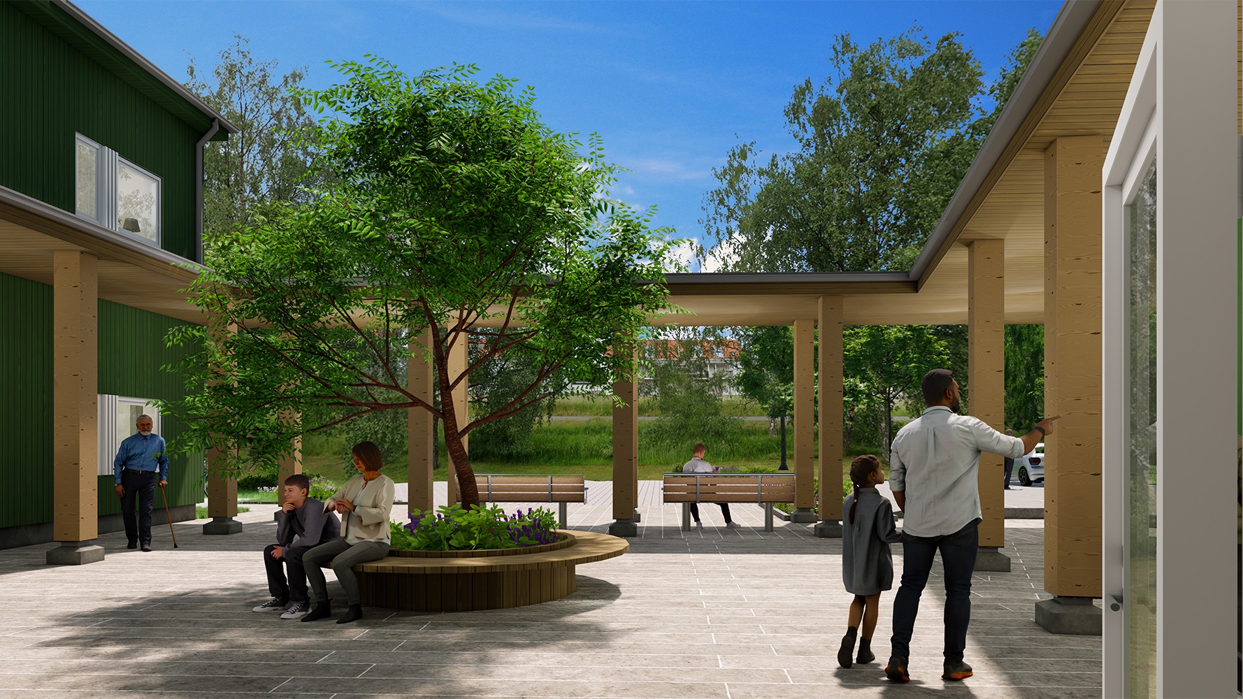 Innergården får gröna ytor och sittplatser. Illustration: Studio Ekberg Visualisering av innergård med grönska och mötesplatser vid nya Vårdlokaler Kalkstenen.