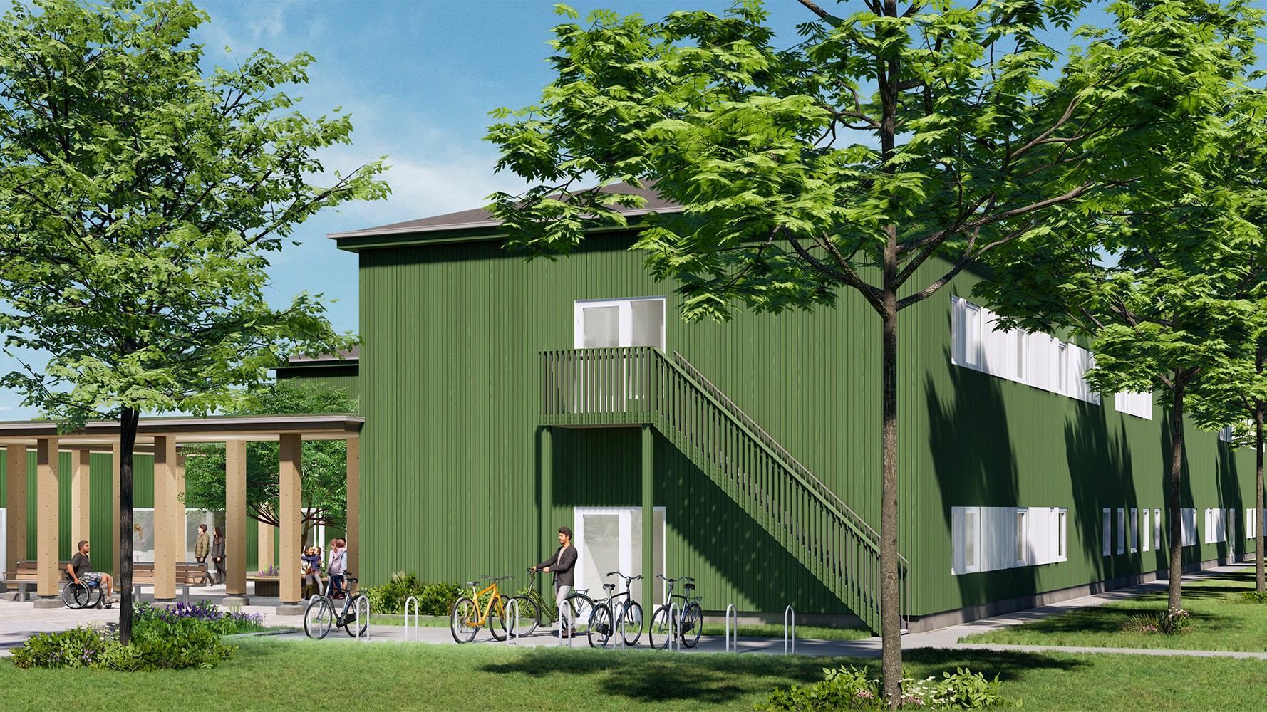 Region Kalmar län får moderna och effektiva lokaler. Illustration: Studio Ekberg Visualisering av Vårdlokaler Kalkstenen i Kalmar, tvåvåningsbyggnad i trä med hållbarhetsprofil.