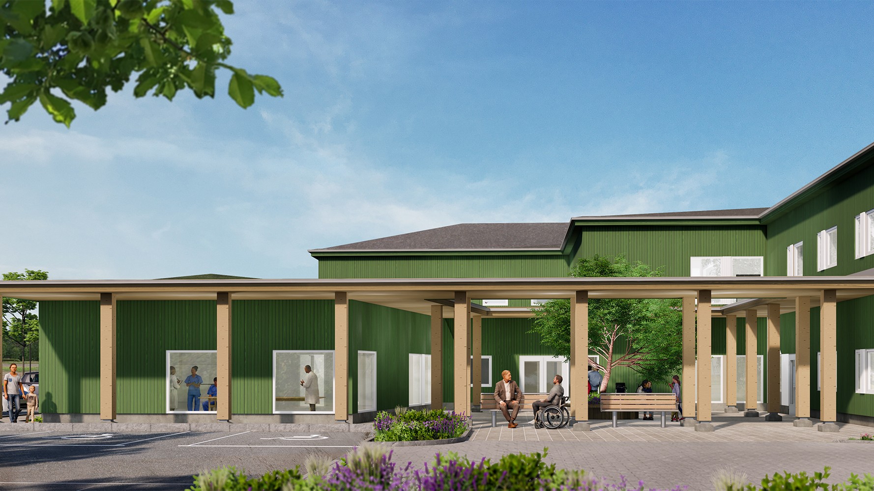 Skanska bygger en ny hälsocentral och Folktandvård. Illustration: Studio Ekberg Visualisering av entrén till Vårdlokaler Kalkstenen i Kalmar, byggd i trä och certifierad enligt Miljöbyggnad Guld.