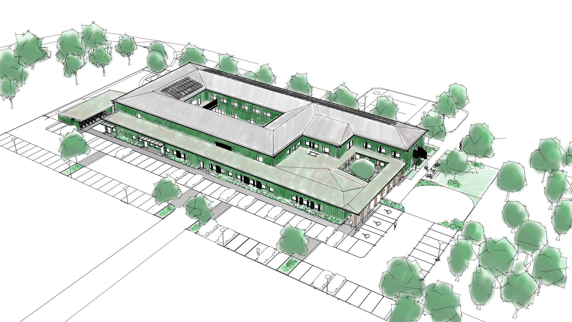 Vårdlokalerna byggs på platsen för tidigare Norrlidshemmet. Illustration: Studio Ekberg Arkitektonisk skiss över den nya tvåvåningsbyggnaden Vårdlokaler Kalkstenen i Kalmar.