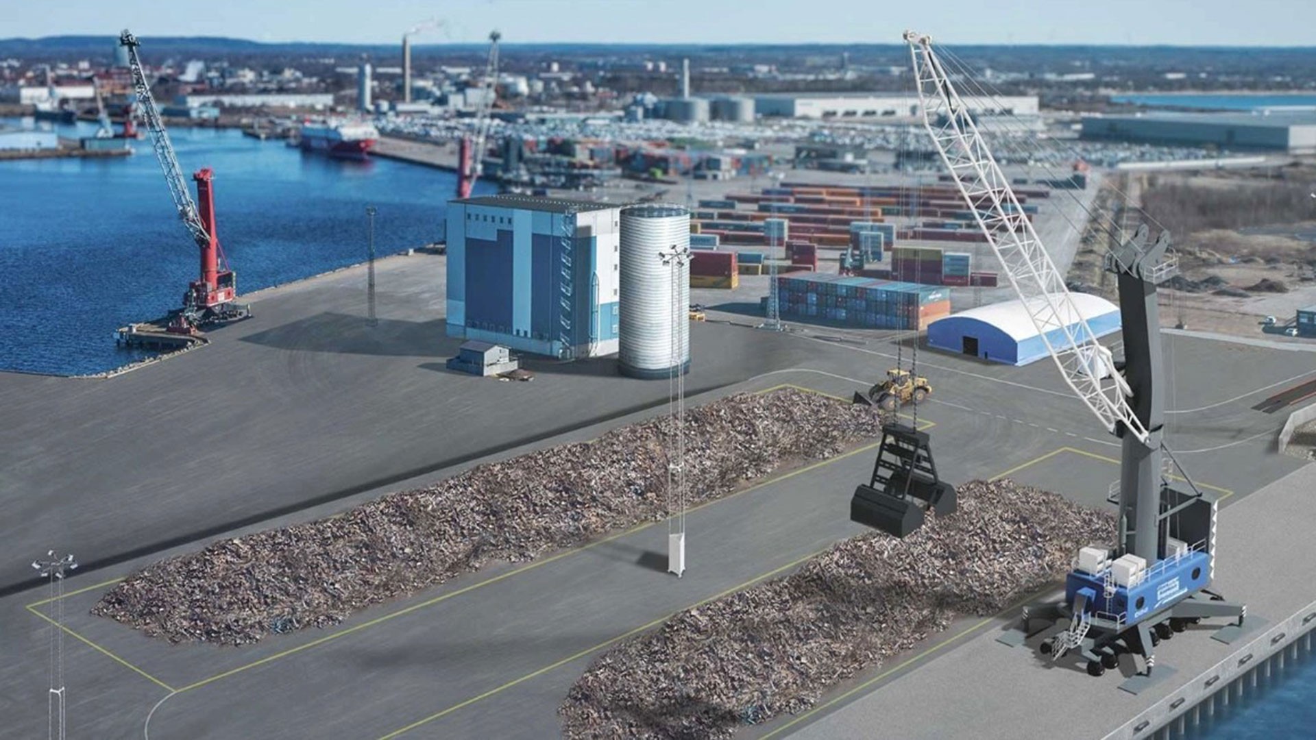 Visionsbild av färdigställda Kaj 800. Visualisering av framtida Kaj 800 med lossningskranar, upplag av metallskrot och asfalterad hamnplan.