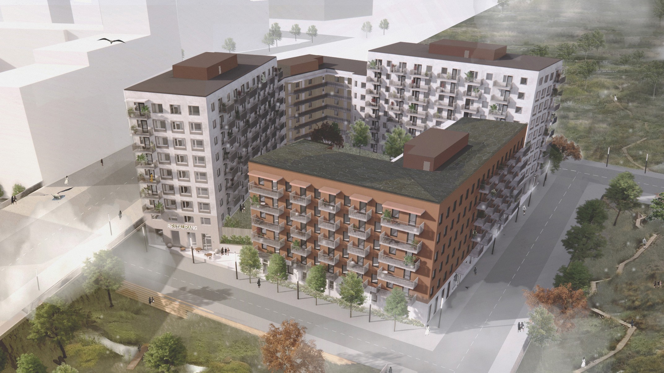 Parkkvarteret i Barkarby. Bild: Varg Arkitekter. Flygvy över ett modernt lägenhetskomplex med grönt tak och omgivande grönska.