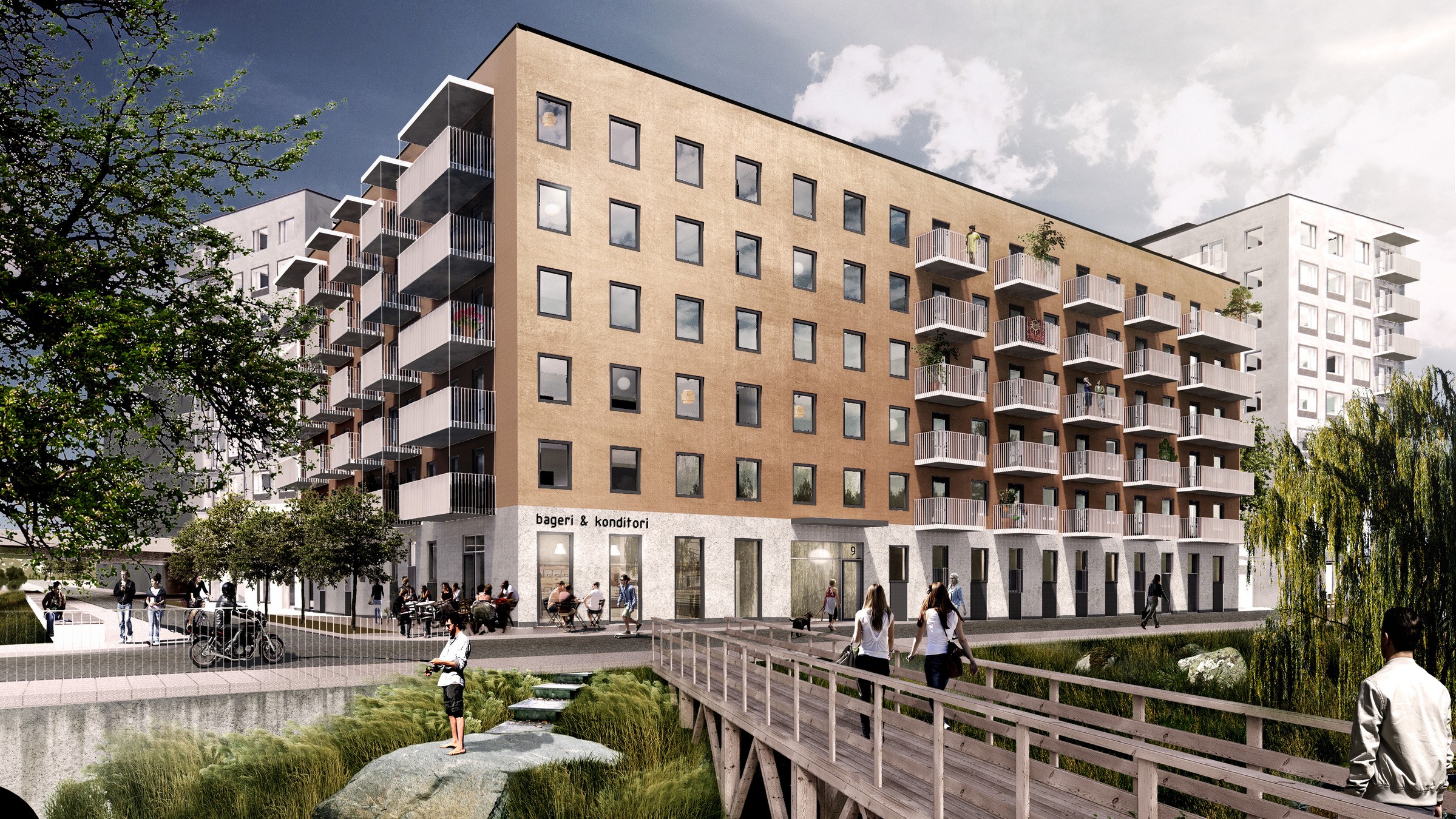 Parkkvarteret i Barkarby. Bild: Varg Arkitekter. Modernt lägenhetskomplex med balkonger, omgiven av grönska, med ett bageri på bottenvåningen.