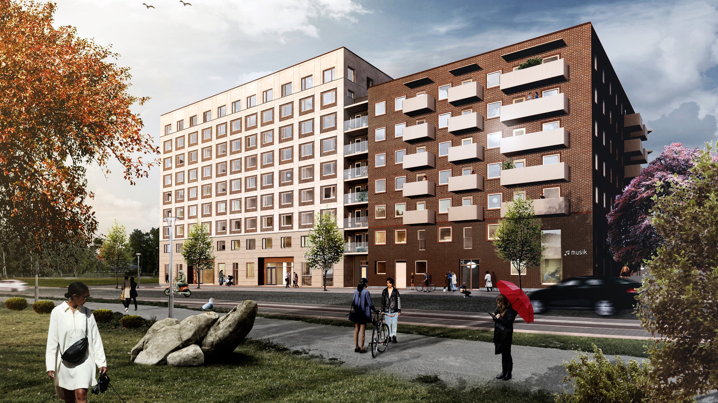 Parkkvarteret i Barkarby. Bild: Varg Arkitekter. Modern stadsbild med två lägenhetsbyggnader, människor som promenerar, och frodig grönska på hösten.