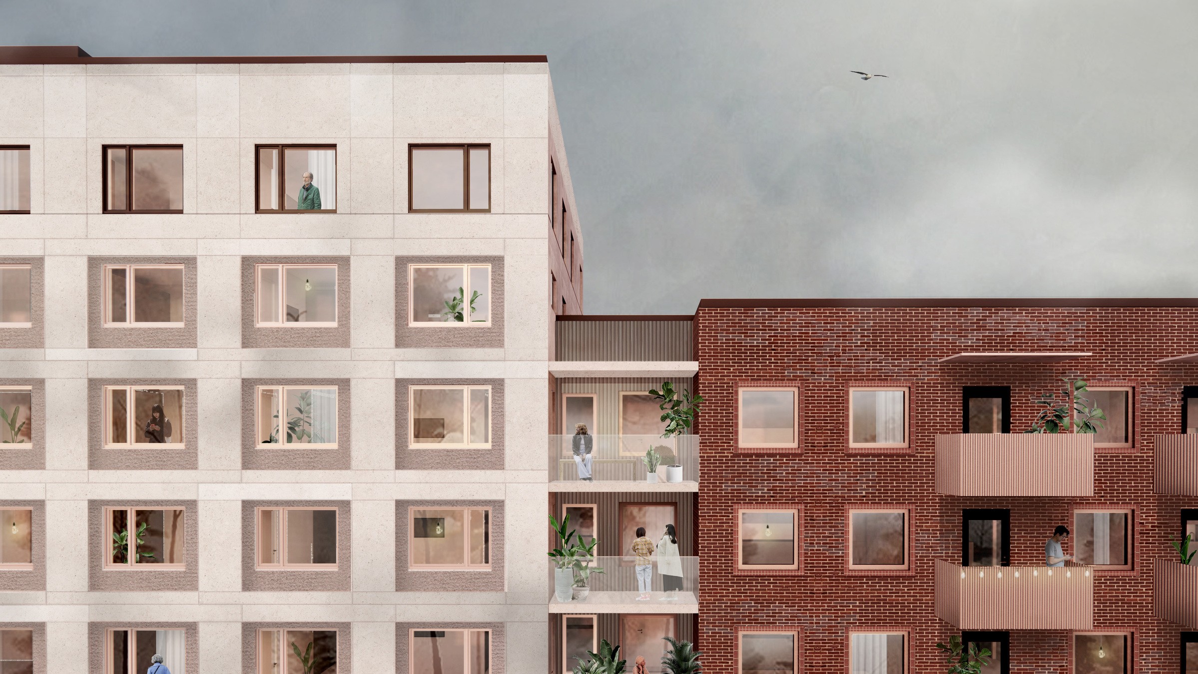 Parkkvarteret i Barkarby. Bild: Varg Arkitekter. Moderna lägenhetsbyggnader med varierade fasader, med balkonger och stora fönster.