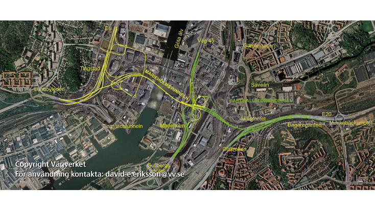 Partihallsförbindelsen Flygvy över Göteborgs motorvägsnät, med betoning på större leder och tunnlar.