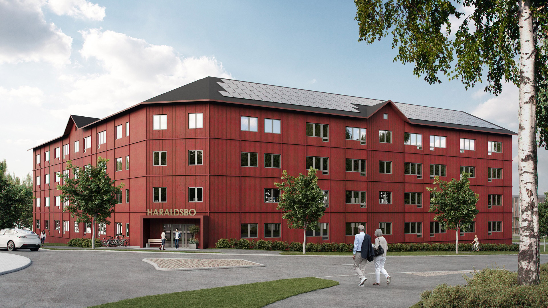 SÄBO Haraldsbo är ett äldreboende med 80 lägenheter, utvecklat och byggt av Skanska. Rött femvåningshus i trä med solceller på taket – SÄBO Haraldsbo i Falun, byggt av Skanska och certifierat enligt LEED Guld