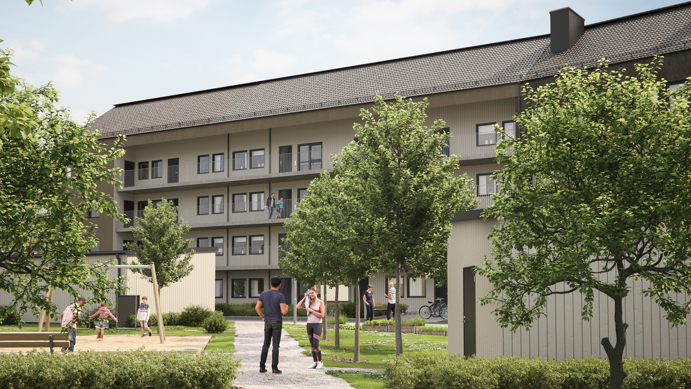 Modernt flerbostadshus med grön innergård, lekplats och människor som njuter av utomhusytan.