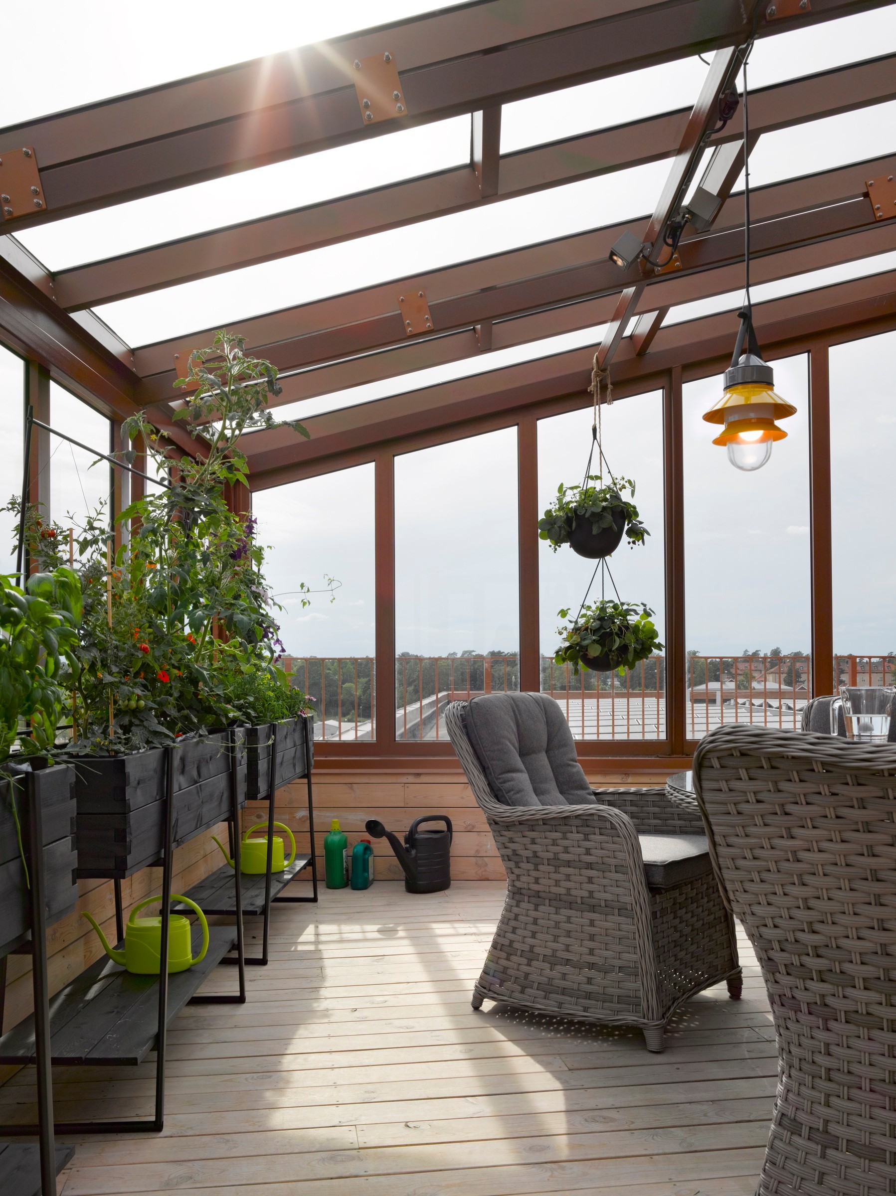 Modern inomhusträdgård med rottingsittplatser, hängande växter och stora fönster under ett glastak.